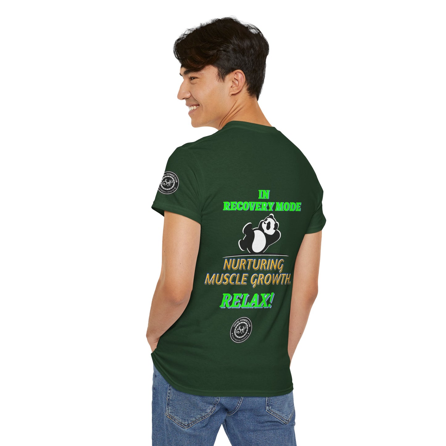 Fitness Funny Quotes T-shirt - Relax for Muscle Growth. Person wearing a green t-shirt with text and graphics on the back, on a white background