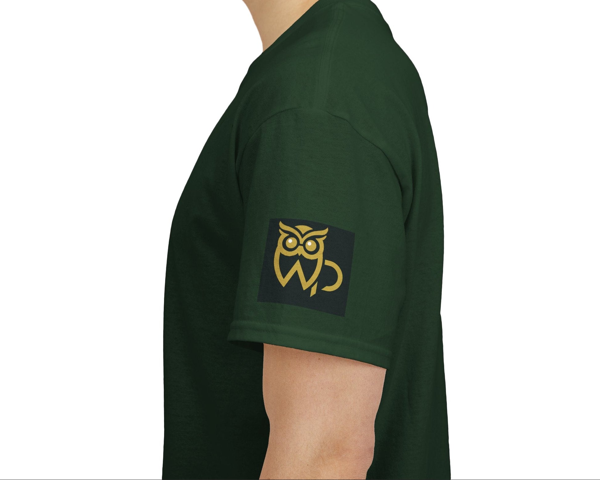 Wise Up Adapt! Motivational T-shirt — 'Wise Up! Stay Sharp!' Graphic Novelty Tee, Green t-shirt with a gold owl logo on a white background