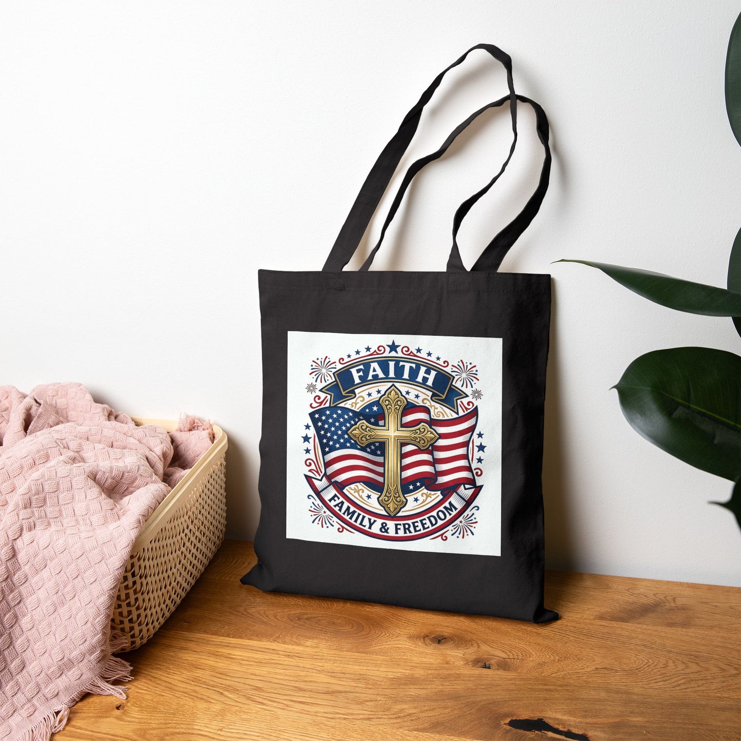 USA 250TH Faith & Freedom Cross Tote | Patriotic, Faith-Based July 4th, Vintage Americana