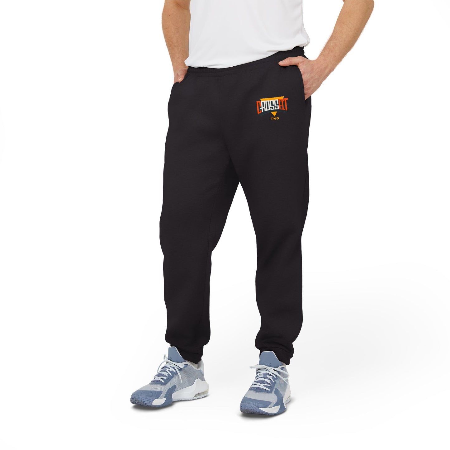 Adidas Sports Fleece Joggers for CrossFit Enthusiasts, Person wearing black sweatpants with a logo on a white background