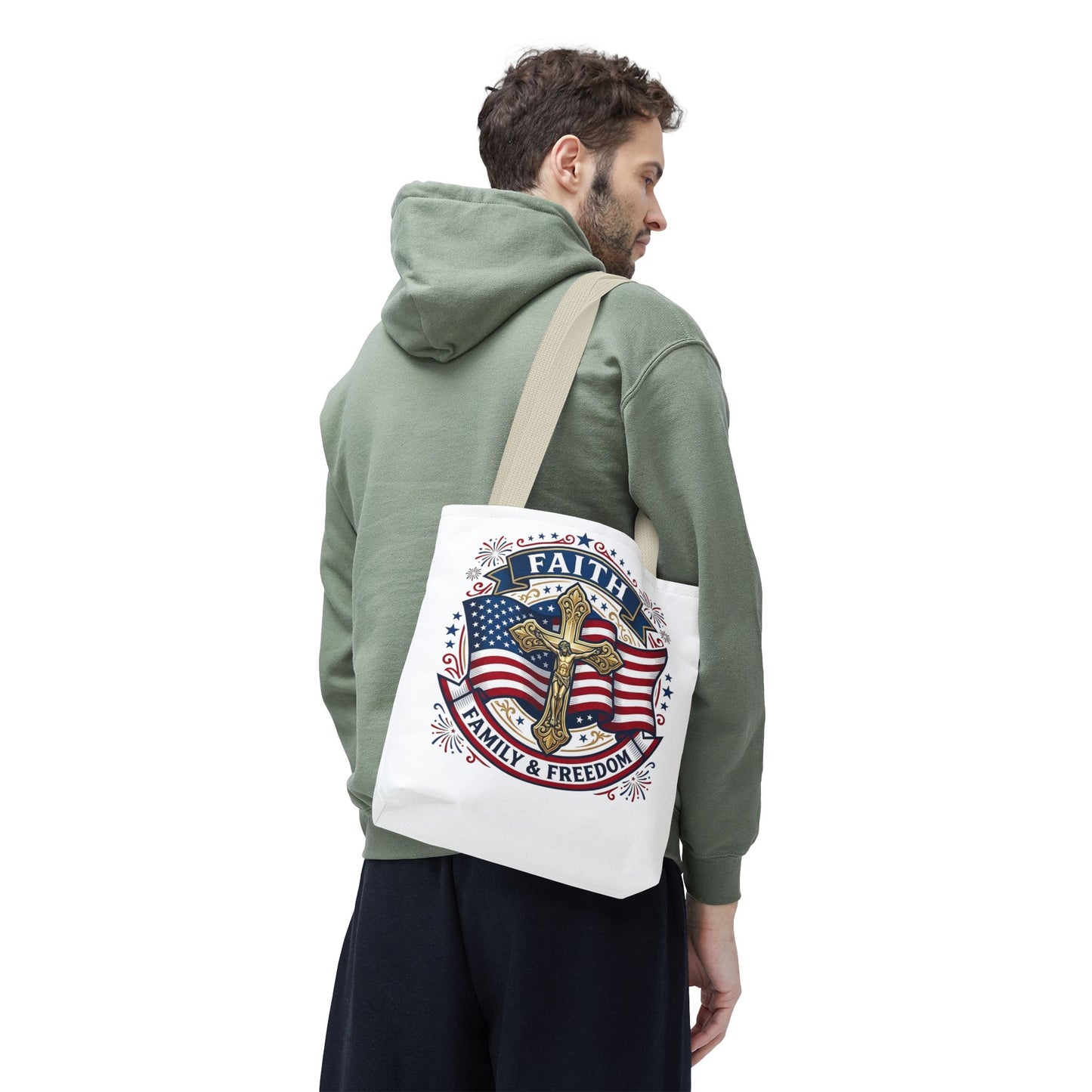 Faith, Family & Freedom Tote Bag — Patriotic Cross American Flag Tote (USA 250th)