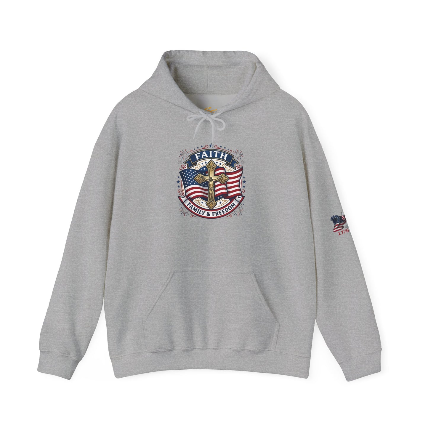 Catholic Faith, Family & Freedom Hoodie - Patriotic American Flag Cross Pullover (USA 250th)