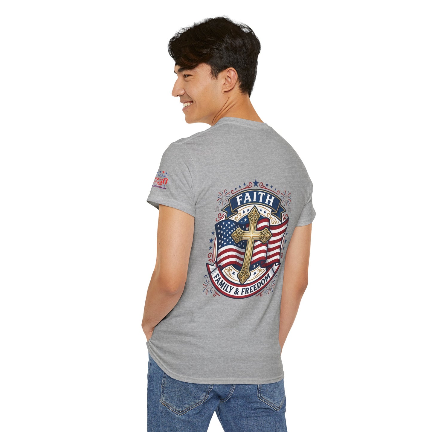Faith, Family & Freedom Tee (USA 250th) — Patriotic Cross American Flag T-Shirt
