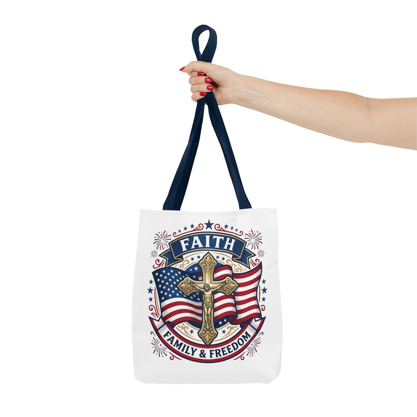 Faith, Family & Freedom Tote Bag — Patriotic Cross American Flag Tote (USA 250th)