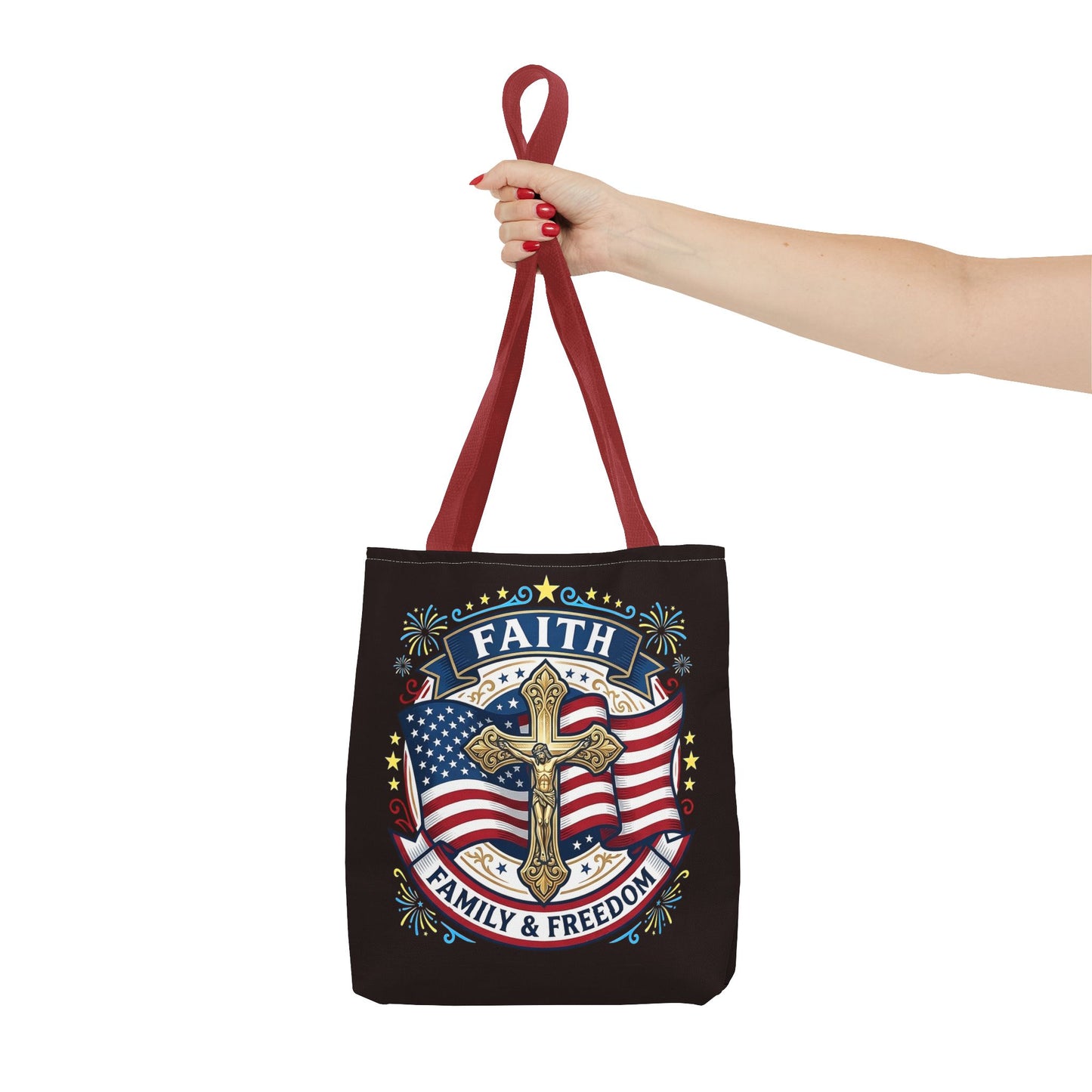 Faith, Family & Freedom Cross Bag — Patriotic American Flag Canvas Tote (USA 250th)