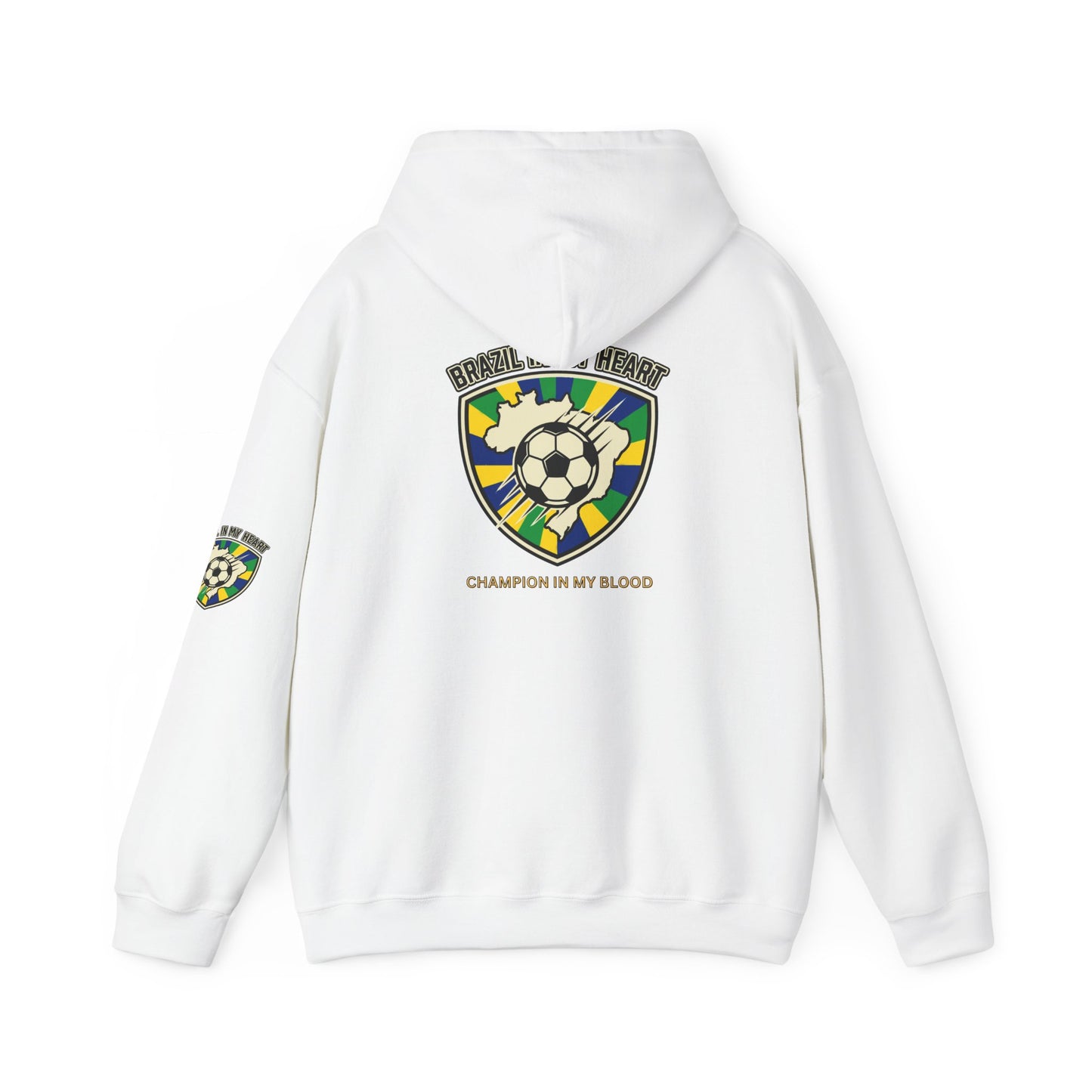 White hoodie with soccer-themed graphics and text on a white background |Brazil Pride Shield Soccer Hoodie | Brazil retro soccer hoodie