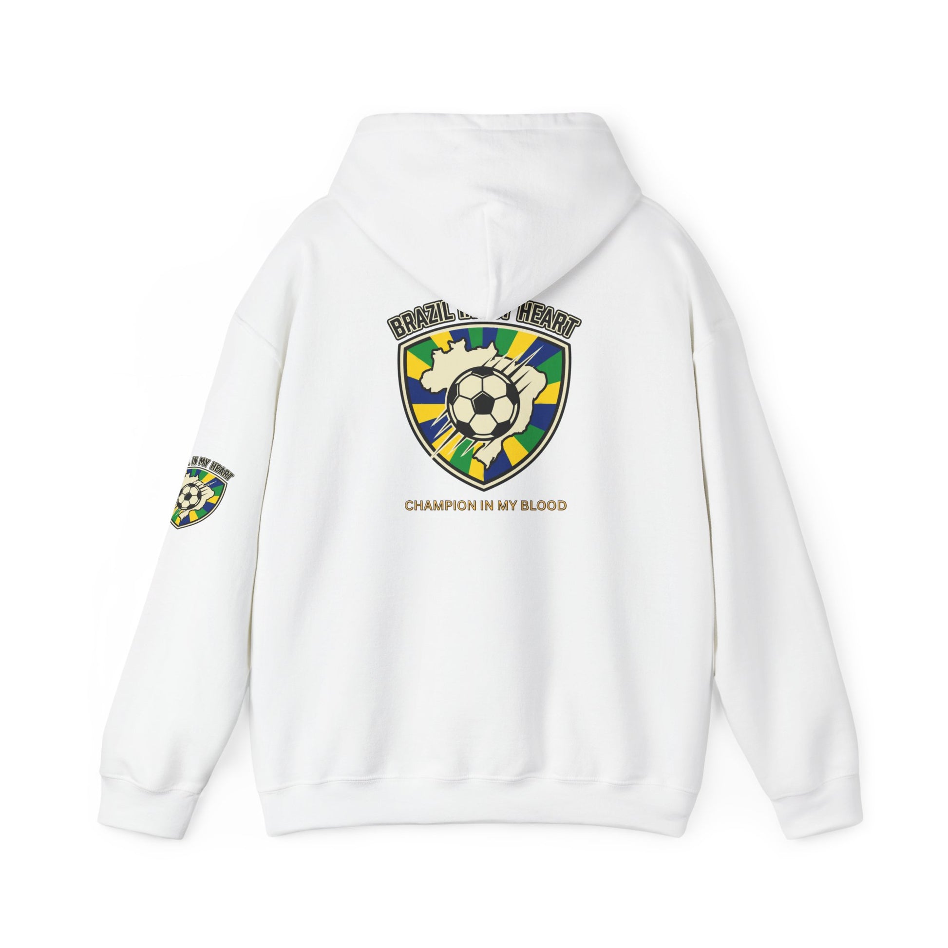 White hoodie with soccer-themed graphics and text on a white background |Brazil Pride Shield Soccer Hoodie | Brazil retro soccer hoodie