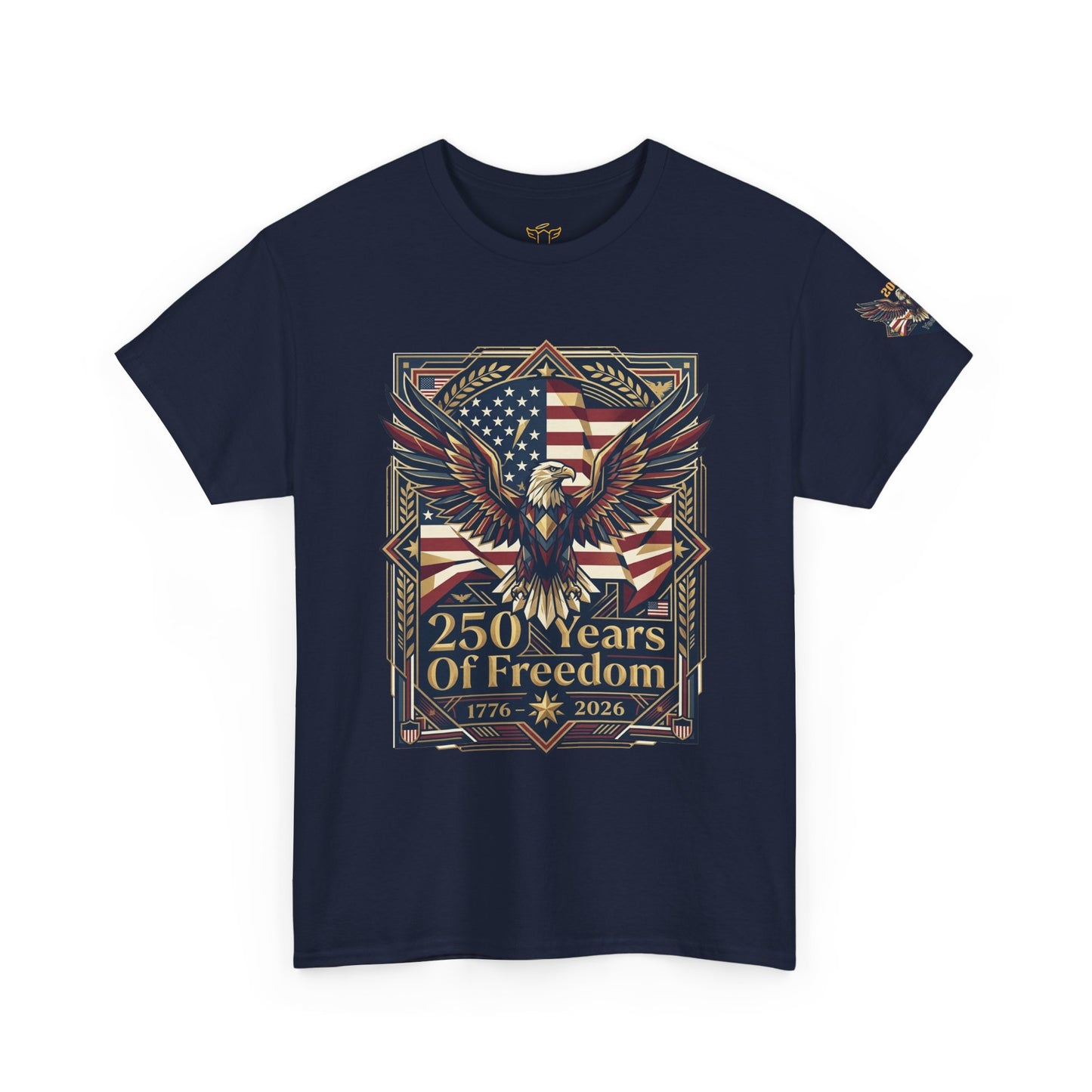250 Years of Freedom Eagle T-Shirt, Navy blue t-shirt with eagle and American flag design on a white background