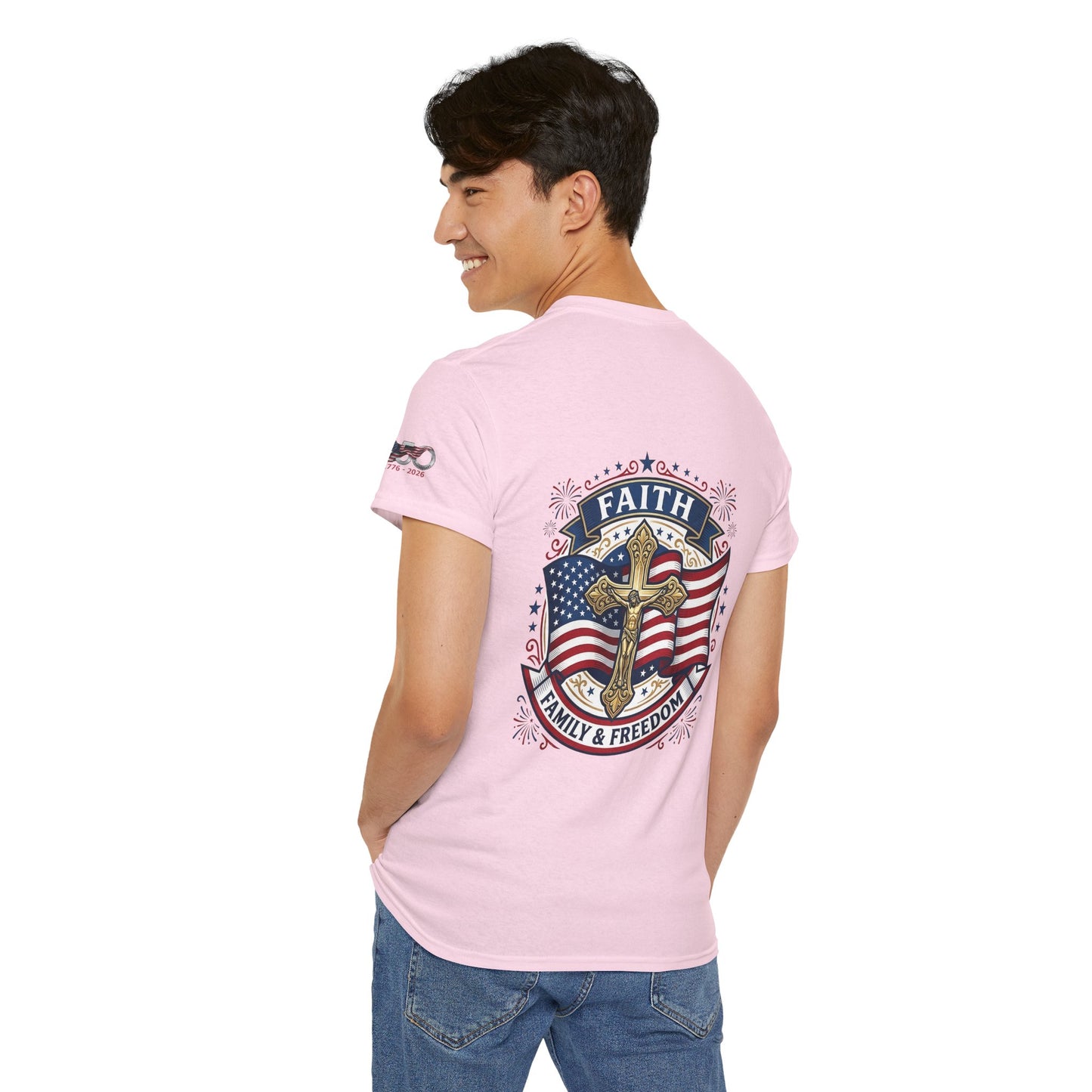 Catholic Faith, Family & Freedom T‑Shirt — Patriotic Cross American Flag Tee (USA 250th)