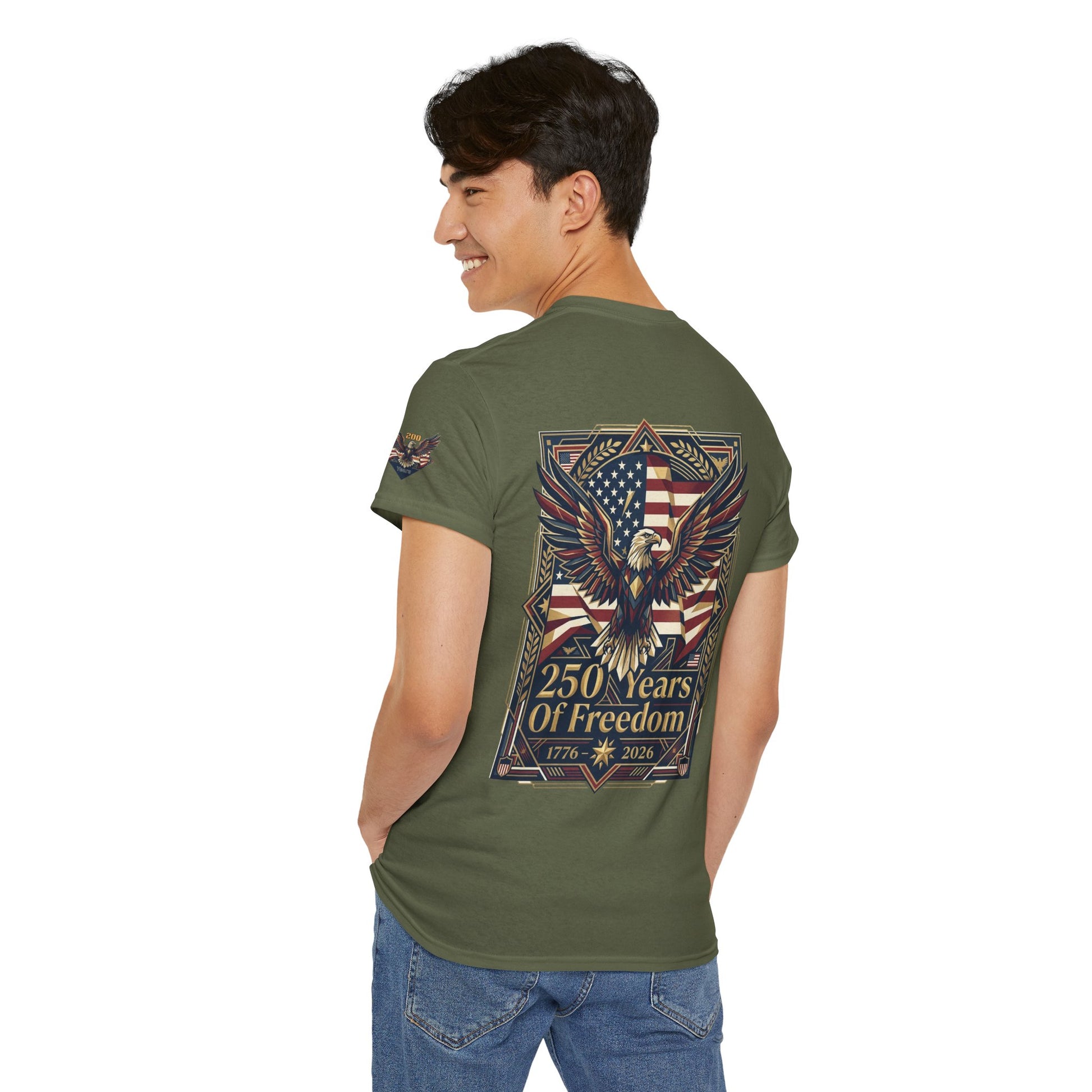 250 Years of Freedom Eagle T-Shirt, Person wearing a green t-shirt with 'AFC Asian Qualifiers' logo on a white background