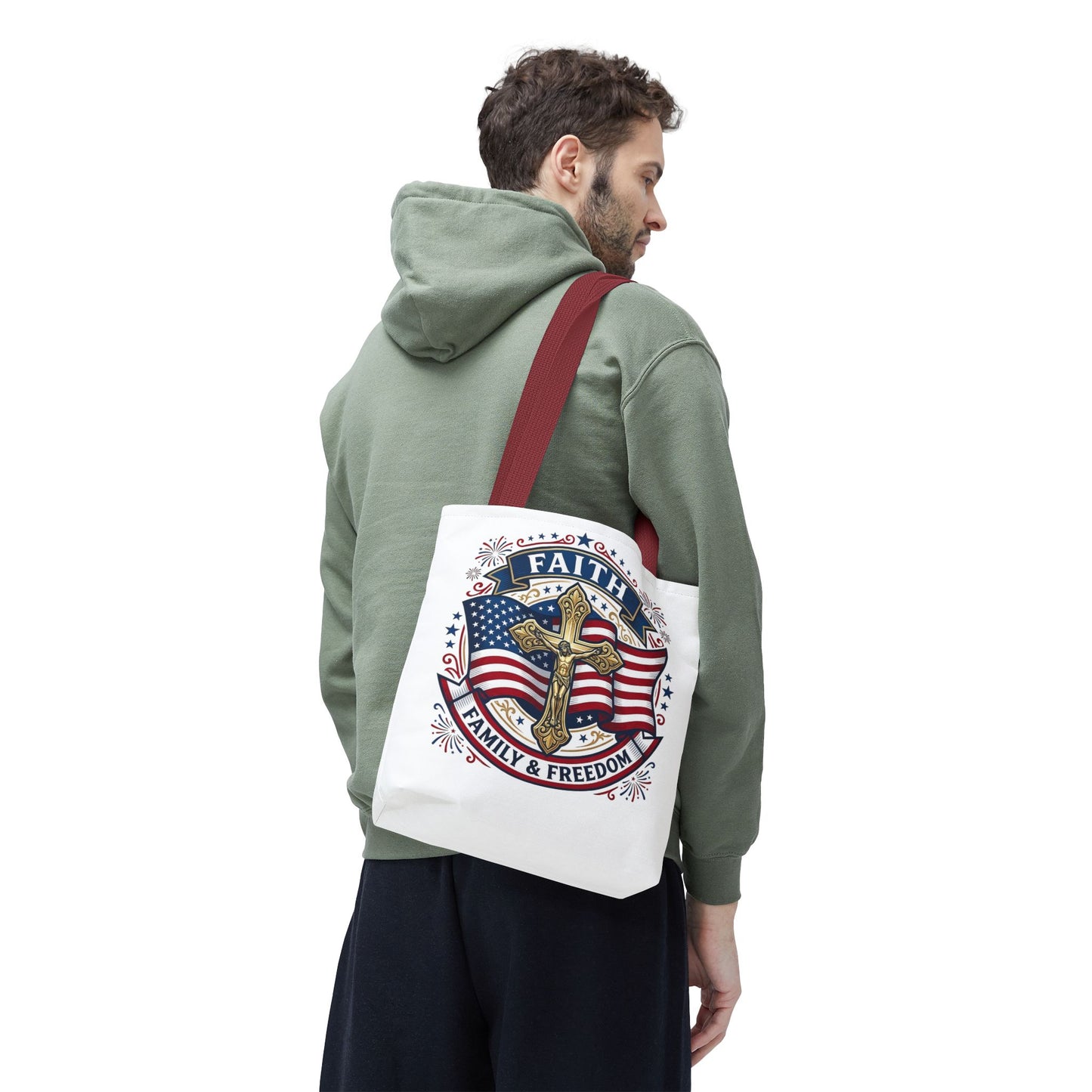 Faith, Family & Freedom Tote Bag — Patriotic Cross American Flag Tote (USA 250th)