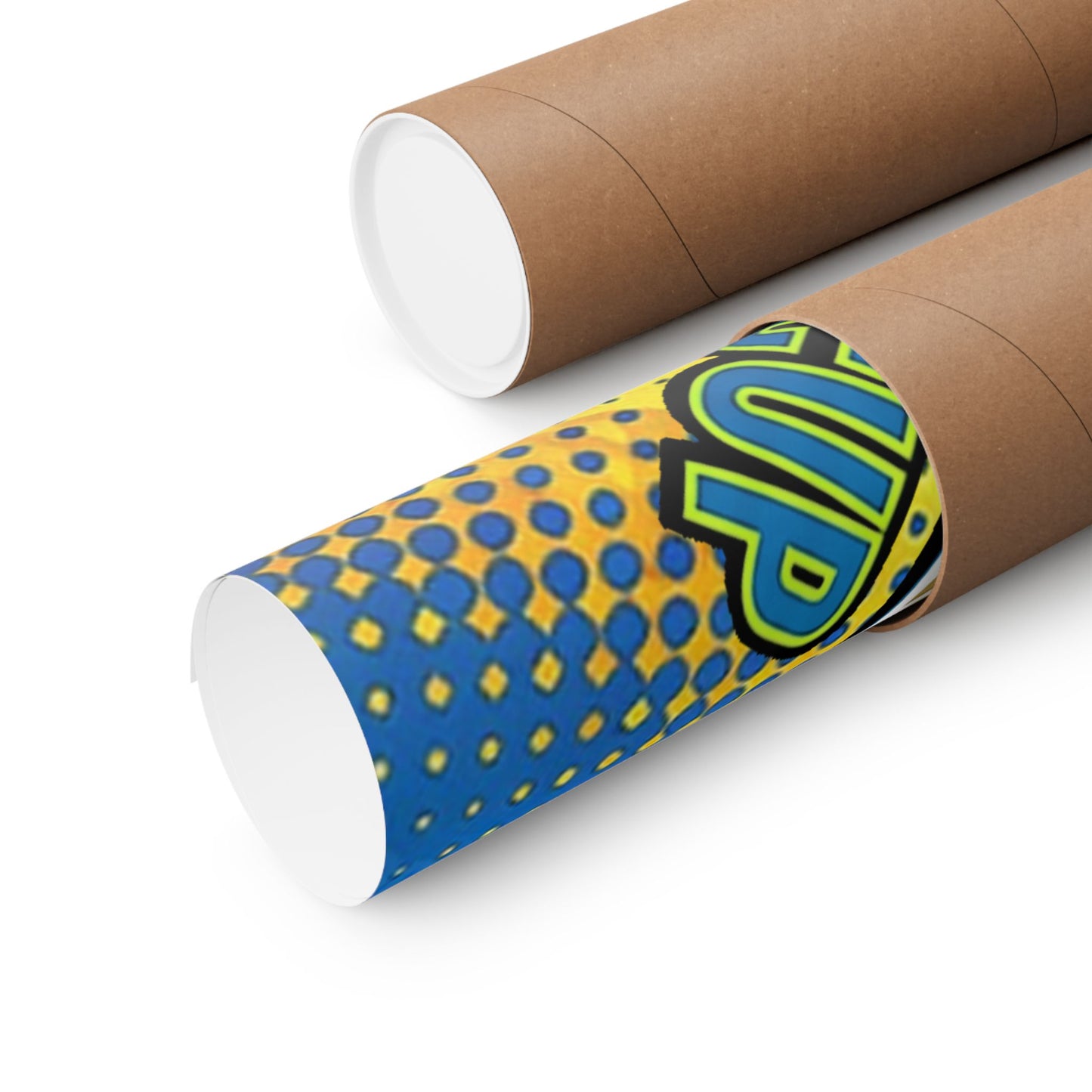 Two cardboard tubes with colorful designs on a white background