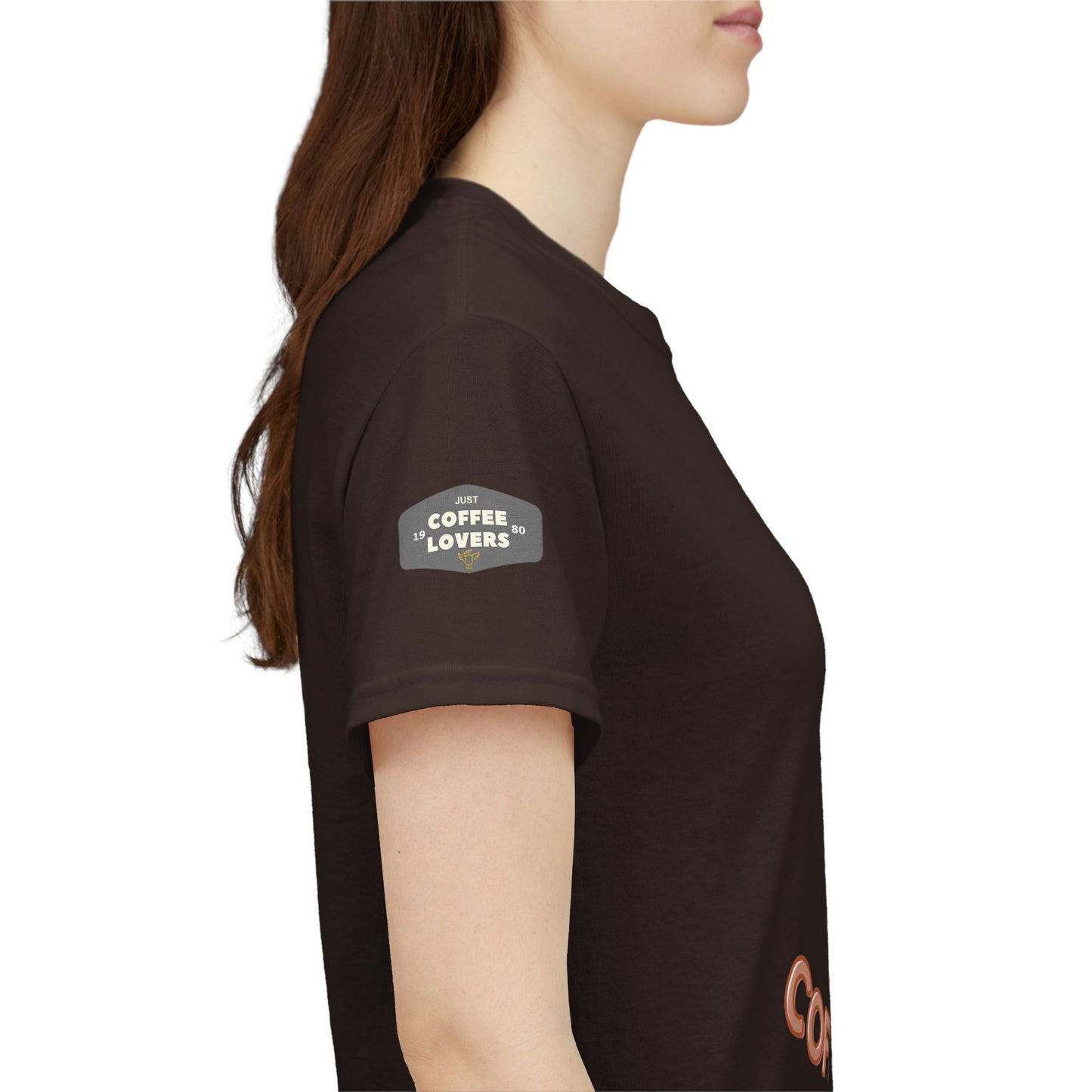 COFFEE LOVERS COTTON TEE for Dog Lovers. Person wearing a brown t-shirt with a logo on the sleeve, on a white background