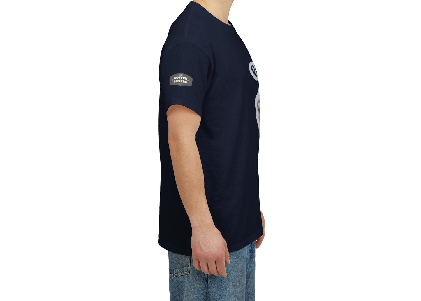 Coffee Lovers Cotton Tee - 'Better Late than Never', Man wearing a navy blue t-shirt with a logo on a white background