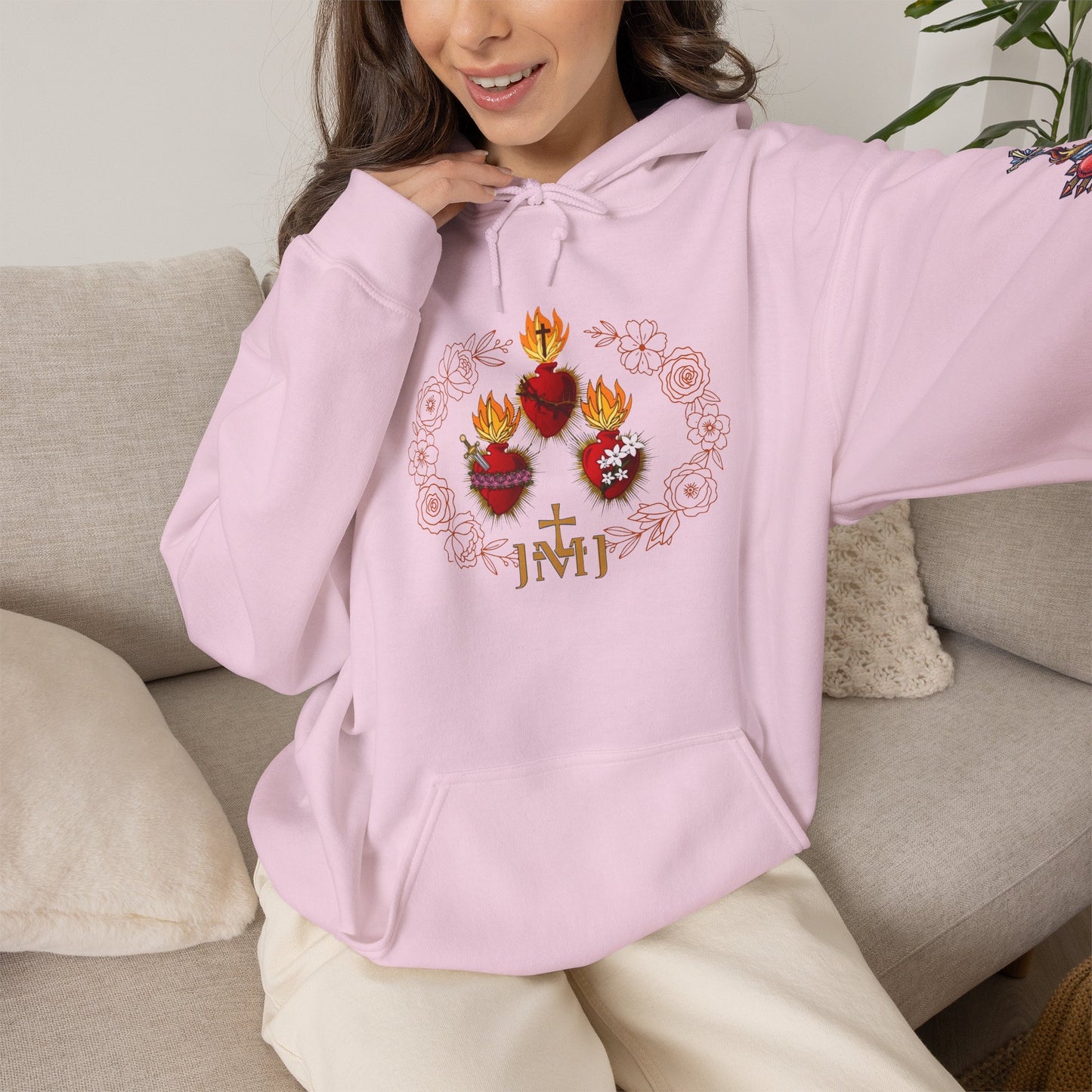 Sacred Hearts Hoodie — Three Flaming Hearts J.M.J. Devotional Sweatshirt (CT)