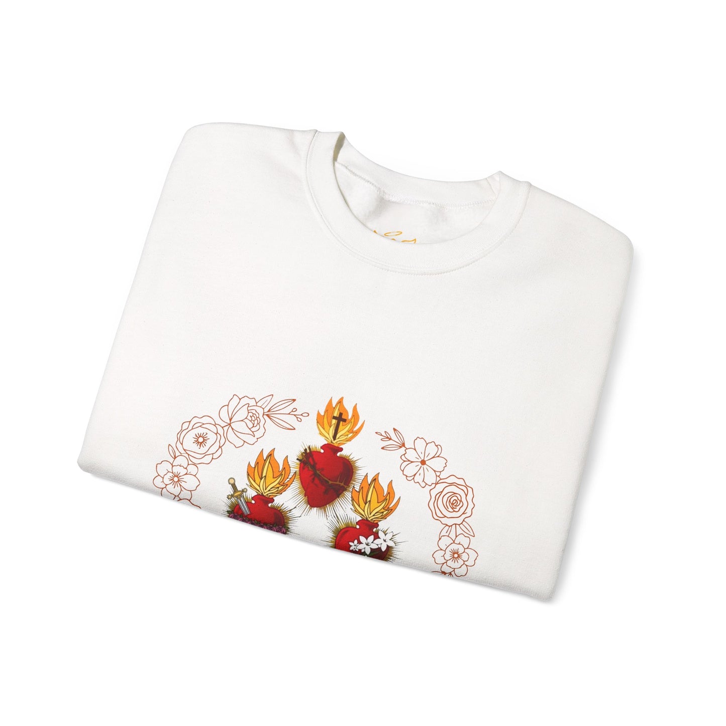 Sacred Hearts Crewneck Sweatshirt — Three Flaming Hearts with JMJ Cross (CT)
