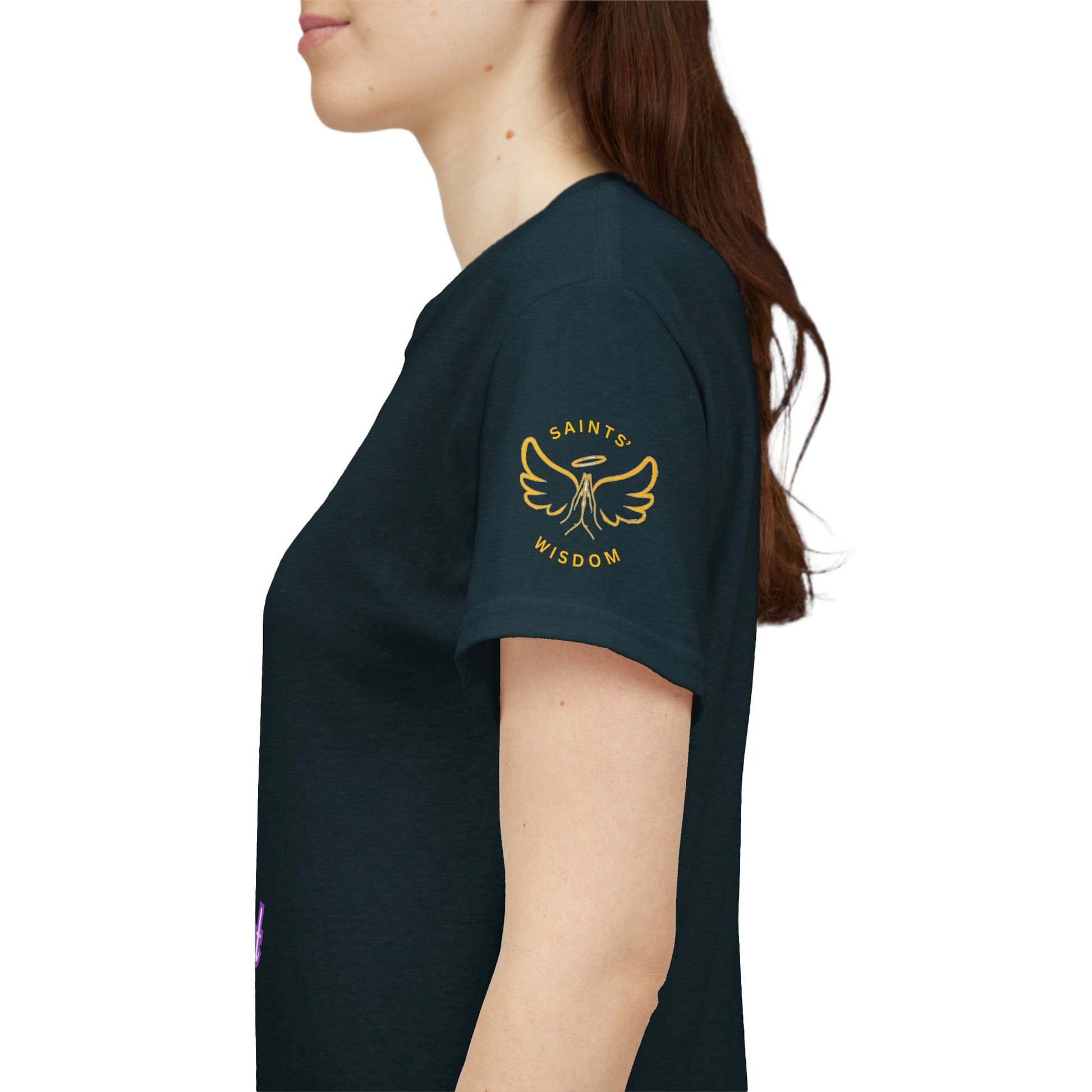 Person wearing a black t-shirt with a yellow logo on the back, Saint's wisdom t-shirts,