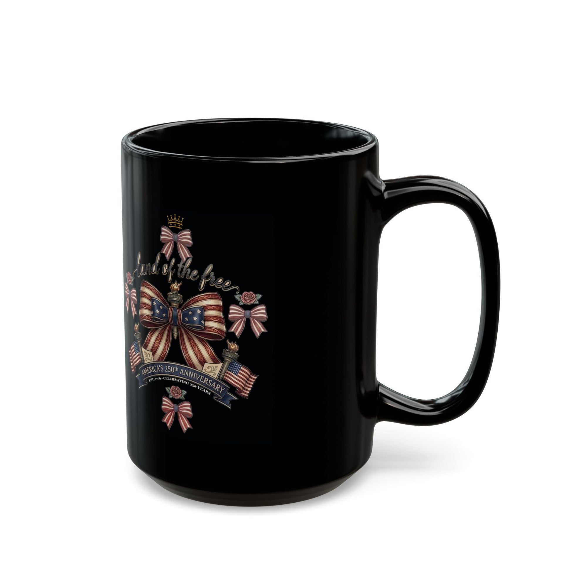 USA 250th ANNIVERSARY Ribbon Heart Black Mug — America 250 Years ANNIVERSARY Bow Ribbons Coffee Cup - Trending Novelties & Gifts