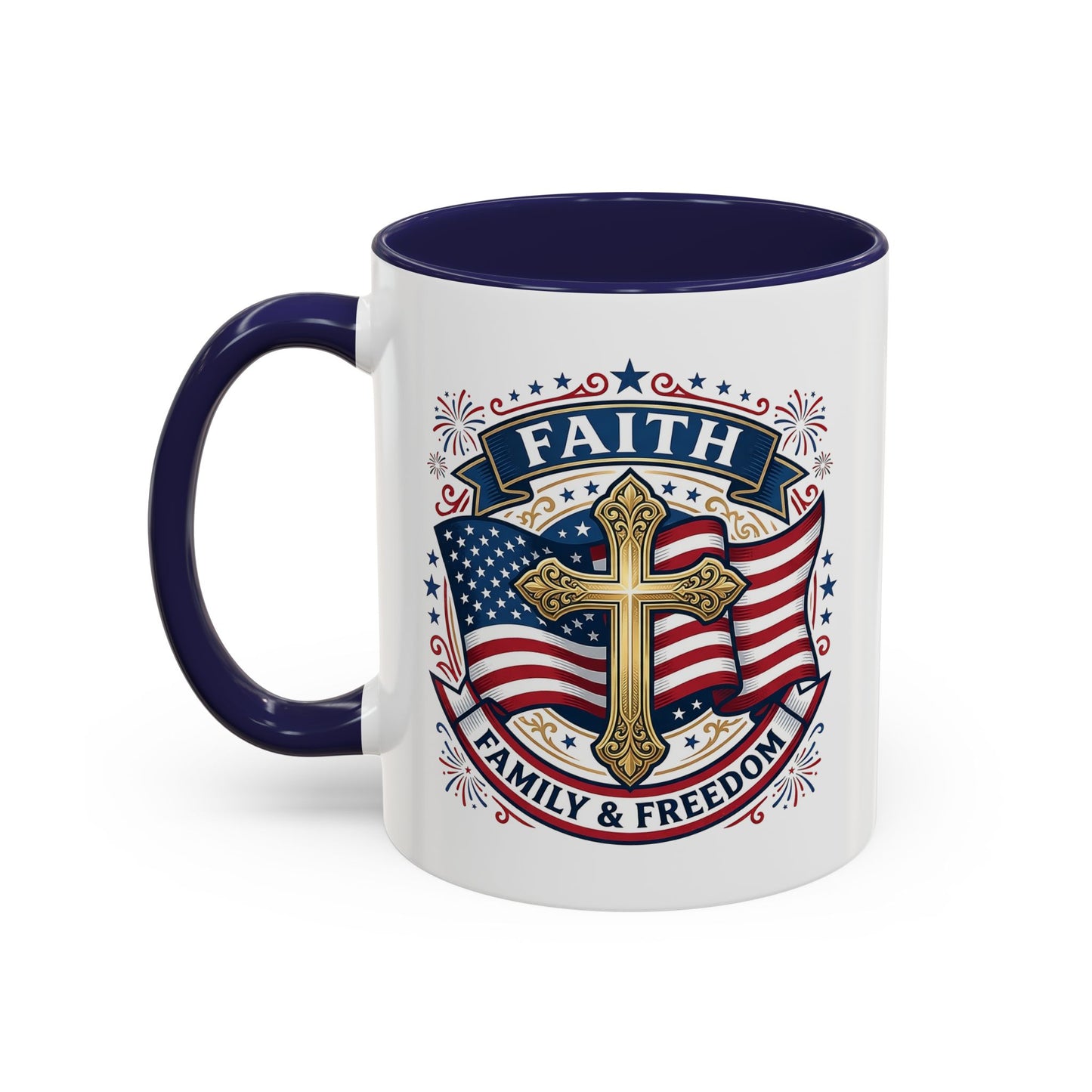 Faith, Family & Freedom Accent Coffee Mug — Patriotic Cross Mug  (USA 250th)
