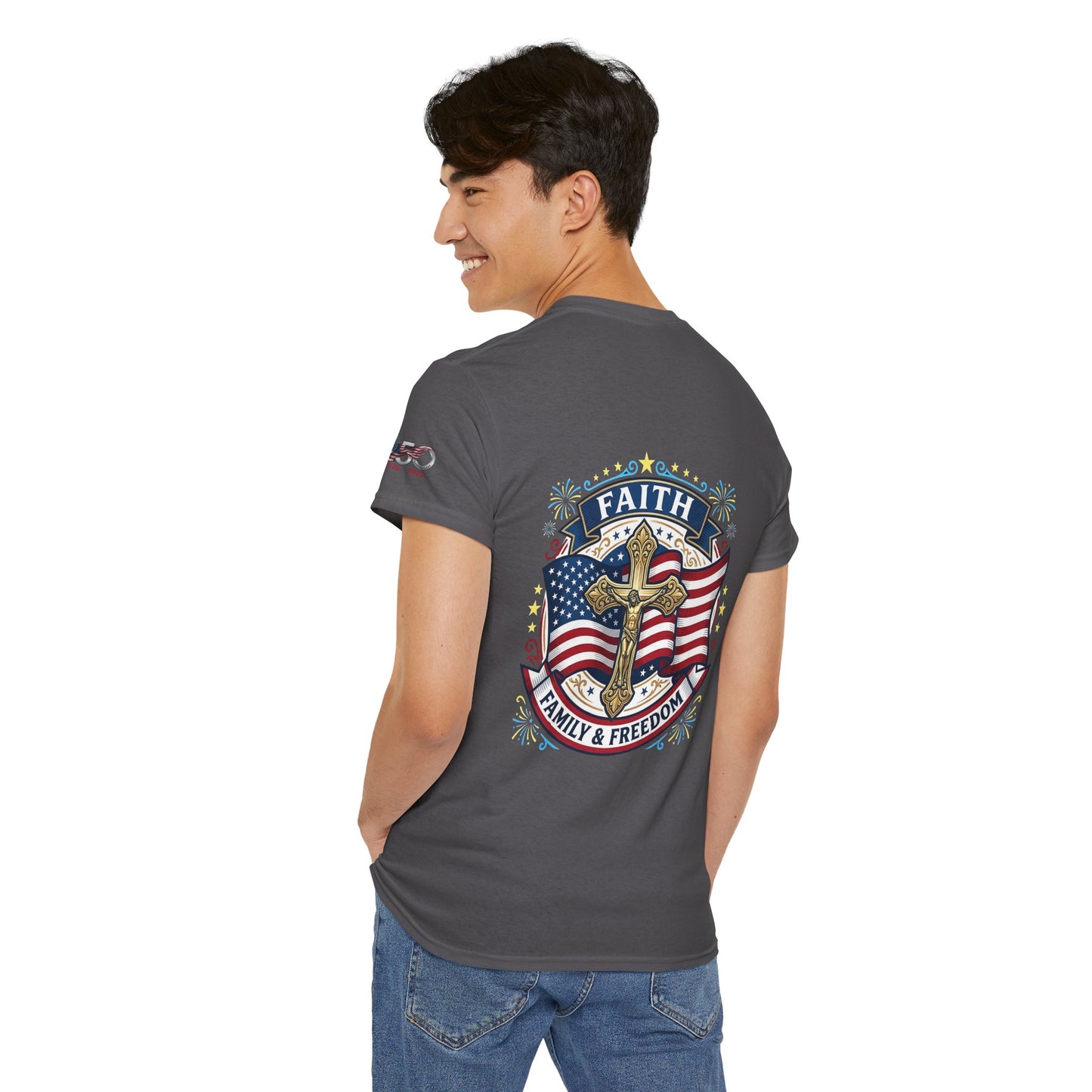 Catholic Faith Family & Freedom T-Shirt — American Flag Cross Patriotic T-shirt (USA 250th)