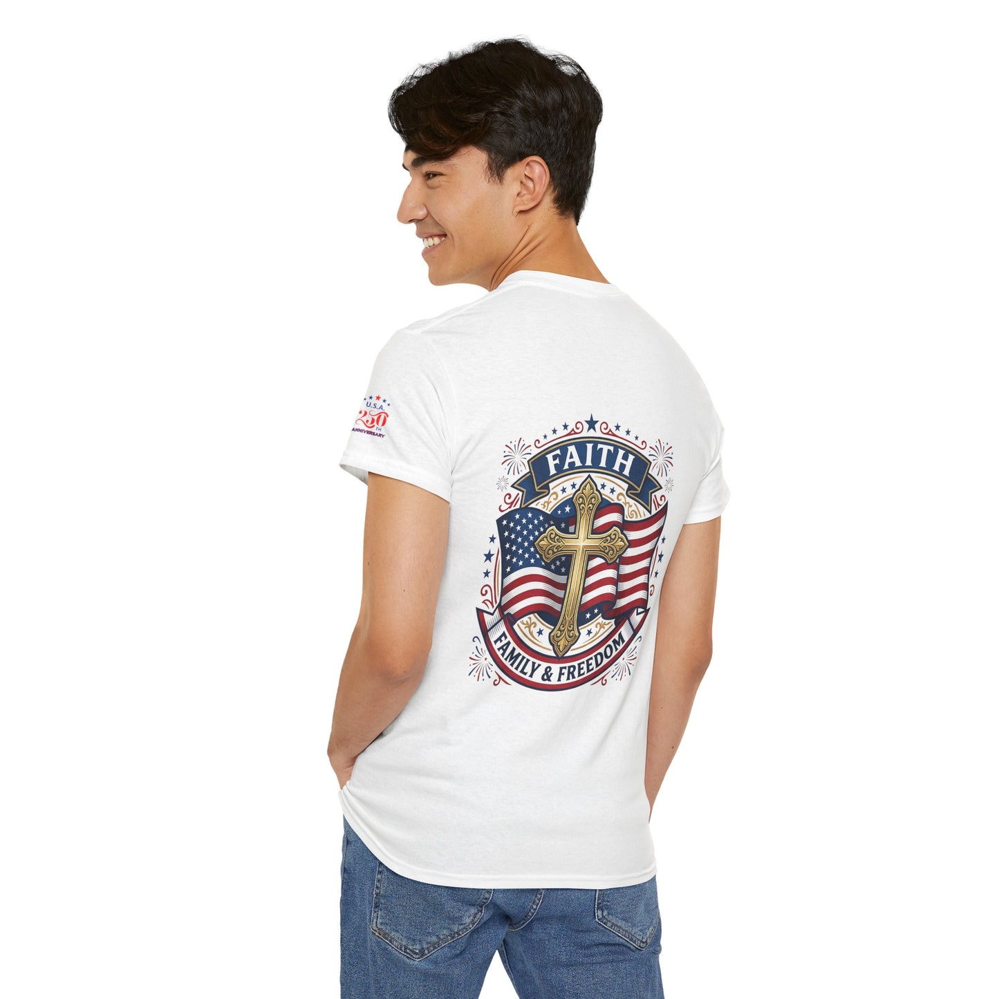Faith, Family & Freedom Tee (USA 250th) — Patriotic Cross American Flag T-Shirt