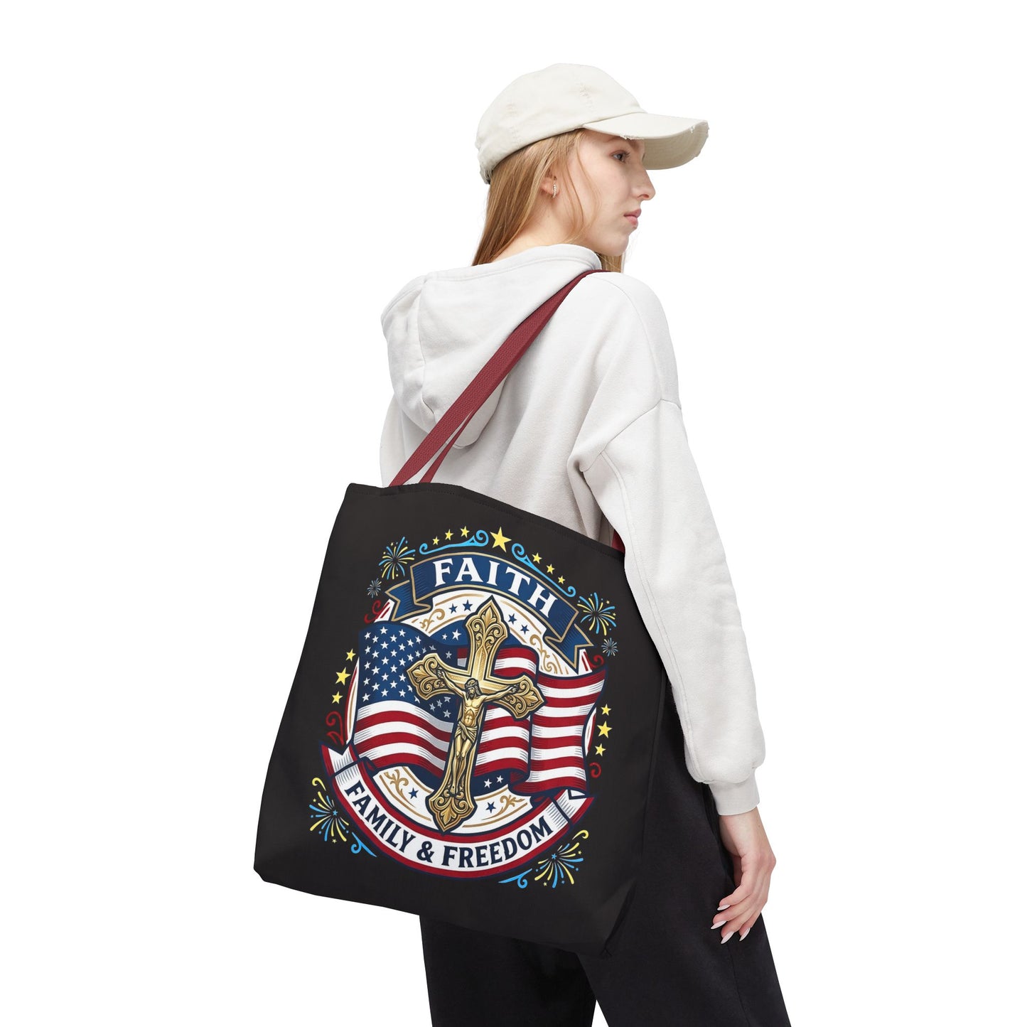 Faith, Family & Freedom Cross Bag — Patriotic American Flag Canvas Tote (USA 250th)