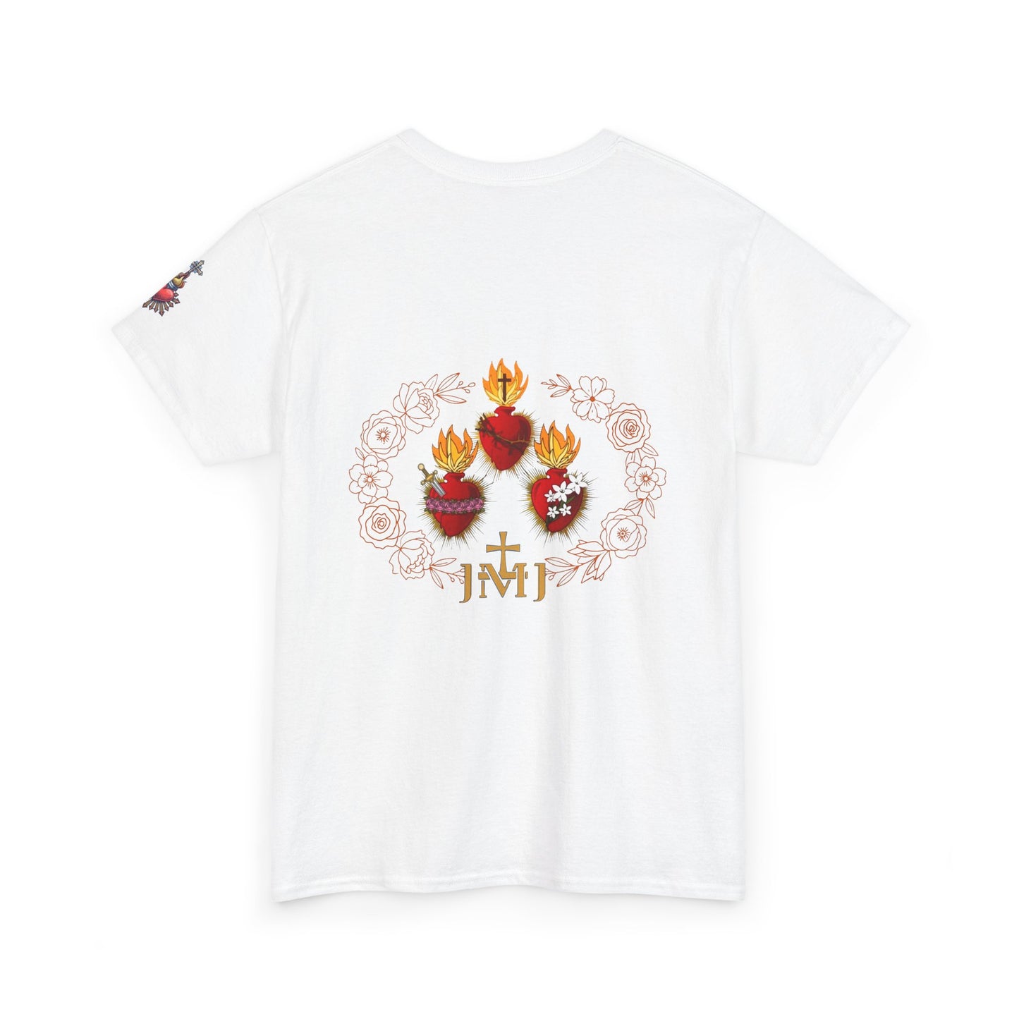 Sacred Hearts Tee — Three Flaming Hearts with JMJ Cross (CT)