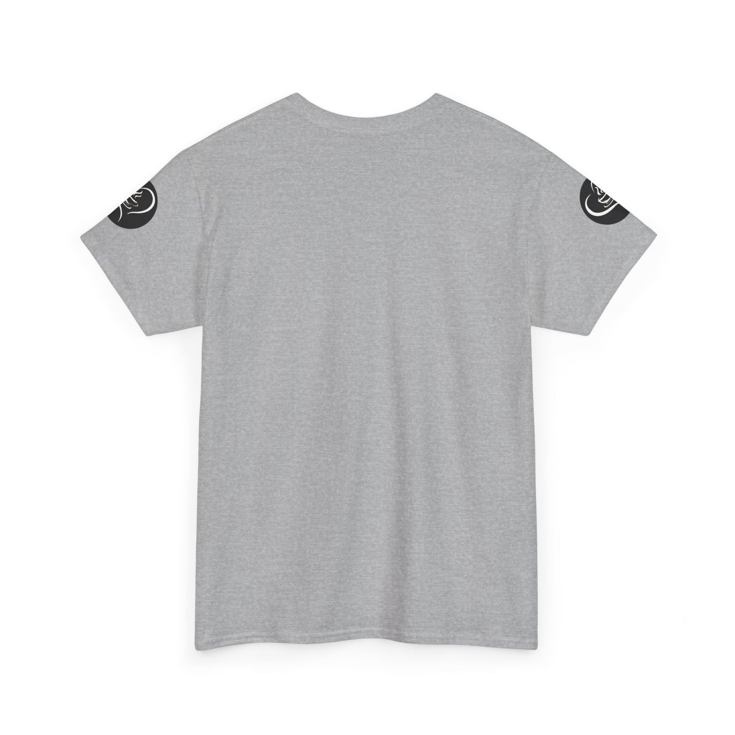 Coffee Lovers Ladies Tee - COFFEE and FRIENDS the Perfect Blend, Gray t-shirt with black circular designs on sleeves against a white background