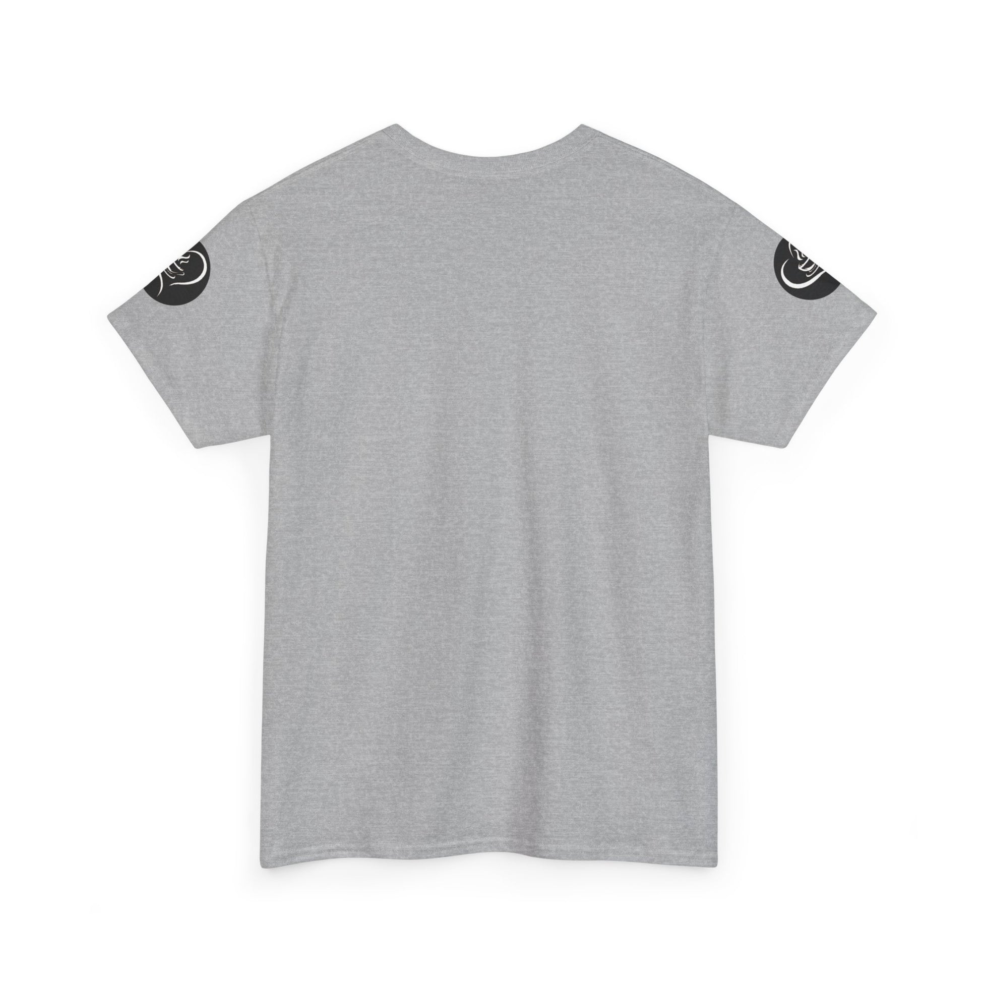 Coffee Lovers Ladies Tee - COFFEE and FRIENDS the Perfect Blend, Gray t-shirt with black circular designs on sleeves against a white background