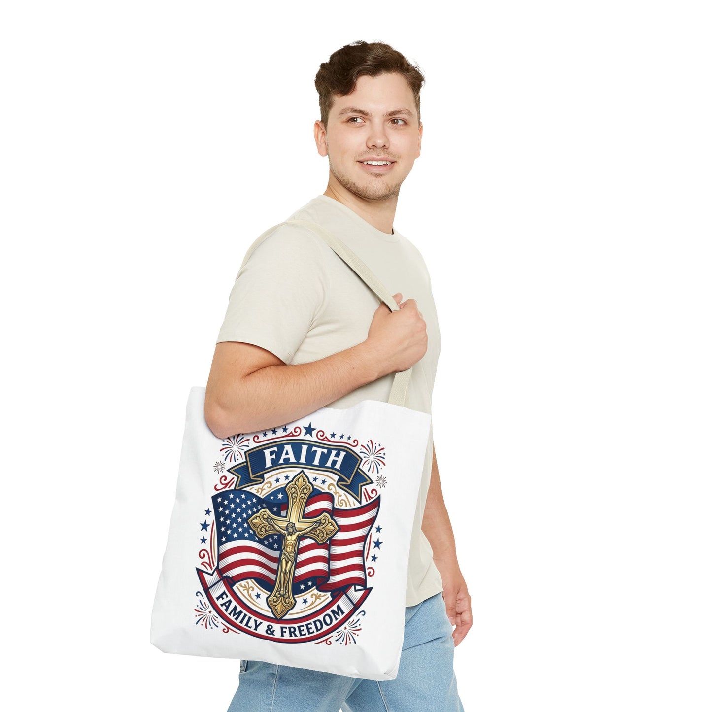 Faith, Family & Freedom Tote Bag — Patriotic Cross American Flag Tote (USA 250th)