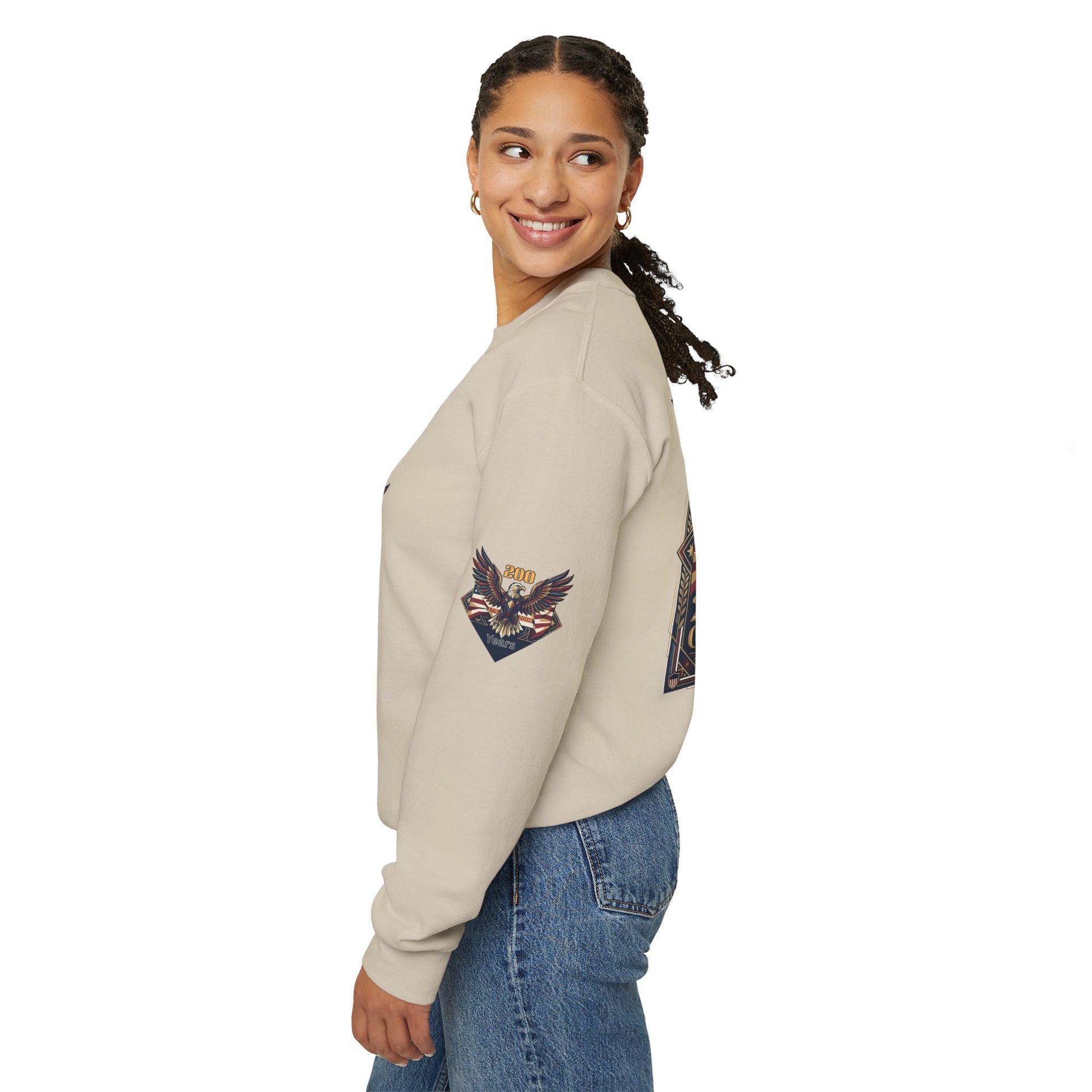 USA 250th ANNIVERSARY Crewneck Sweatshirt , Woman wearing a beige sweatshirt with eagle design on a white background