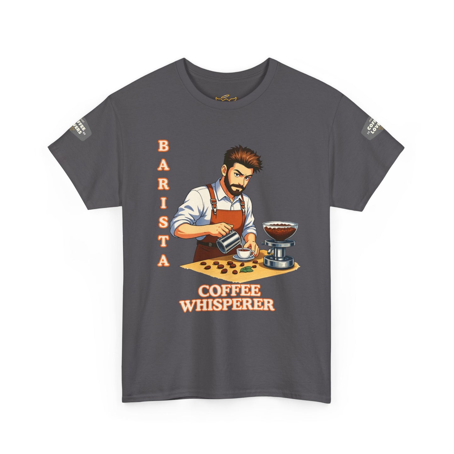 Coffee Lovers Cotton Tee for Male Barista,  Gray t-shirt with a graphic of a barista and text 'Barista Coffee Whisperer' on a white background