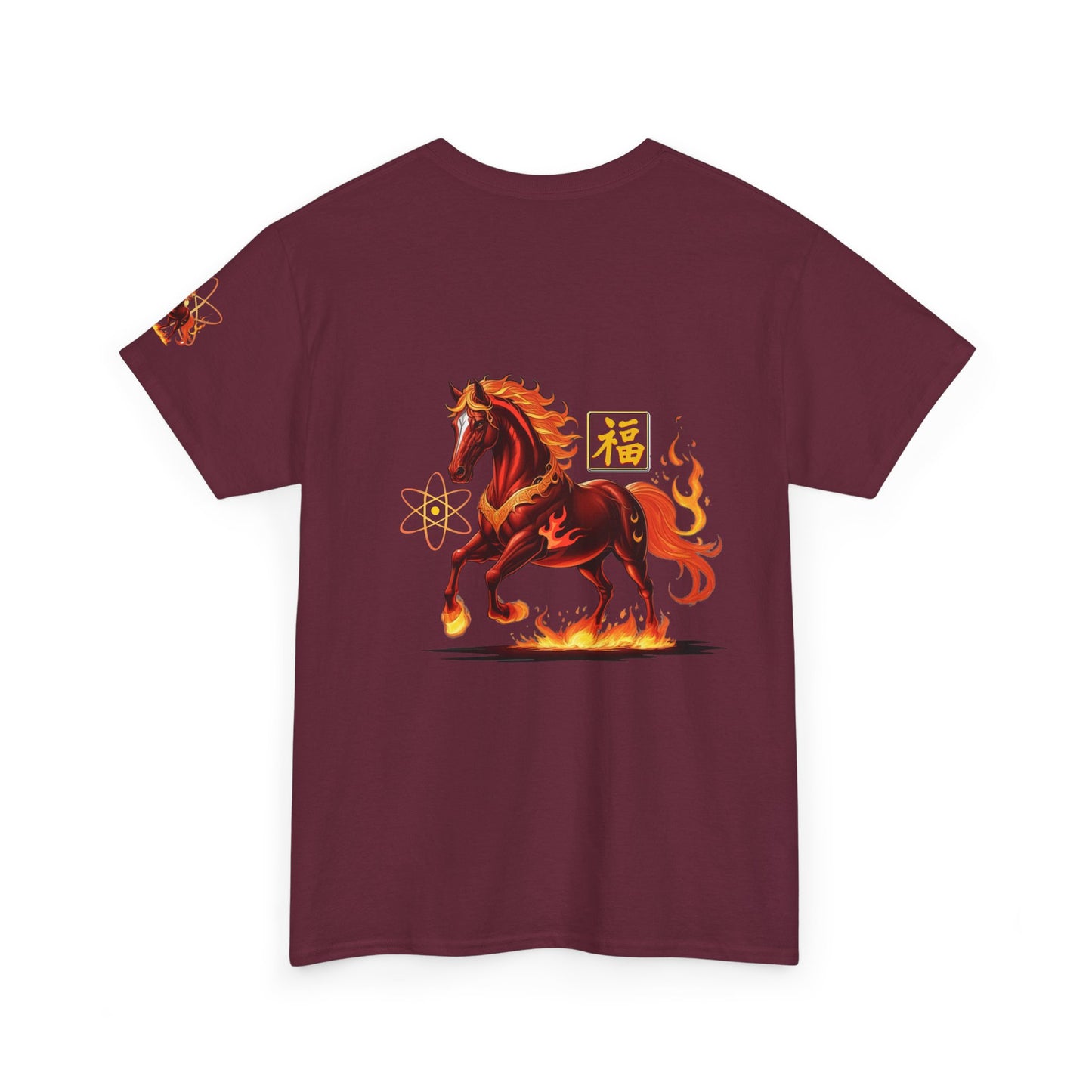 Lunar New Year Fiery Horse Novelty T-Shirt, Maroon t-shirt with a fiery horse design on a white background