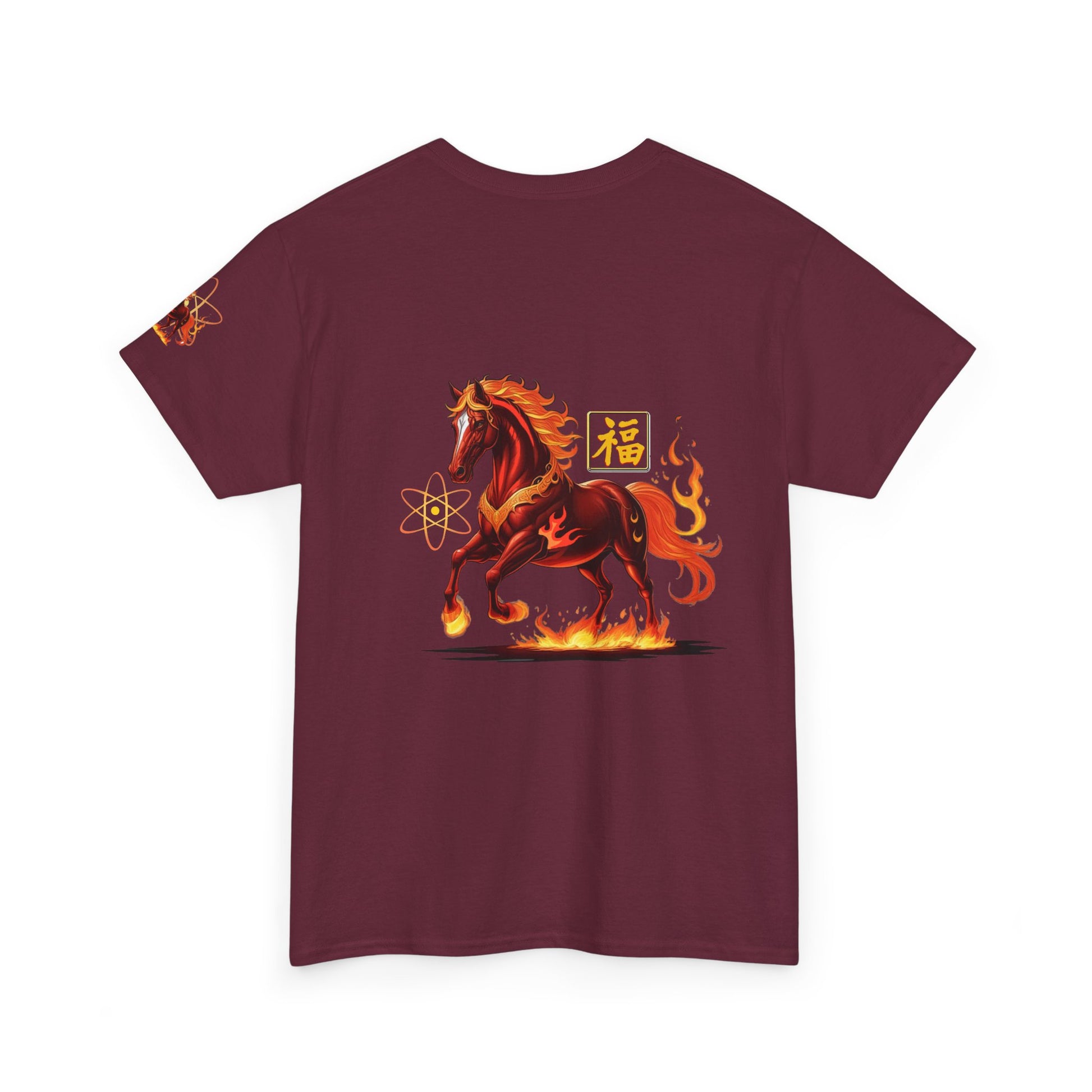 Lunar New Year Fiery Horse Novelty T-Shirt, Maroon t-shirt with a fiery horse design on a white background