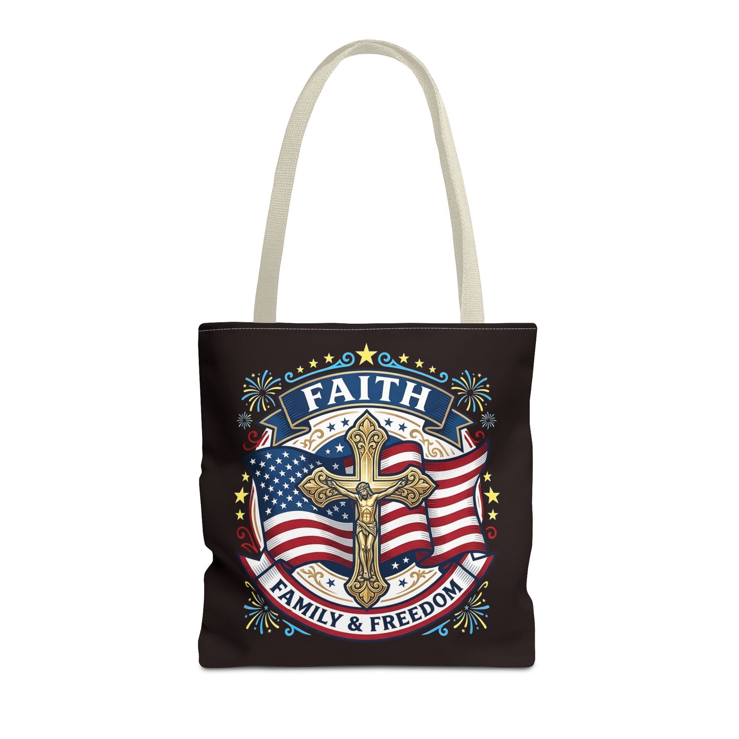Faith, Family & Freedom Cross Bag — Patriotic American Flag Canvas Tote (USA 250th)