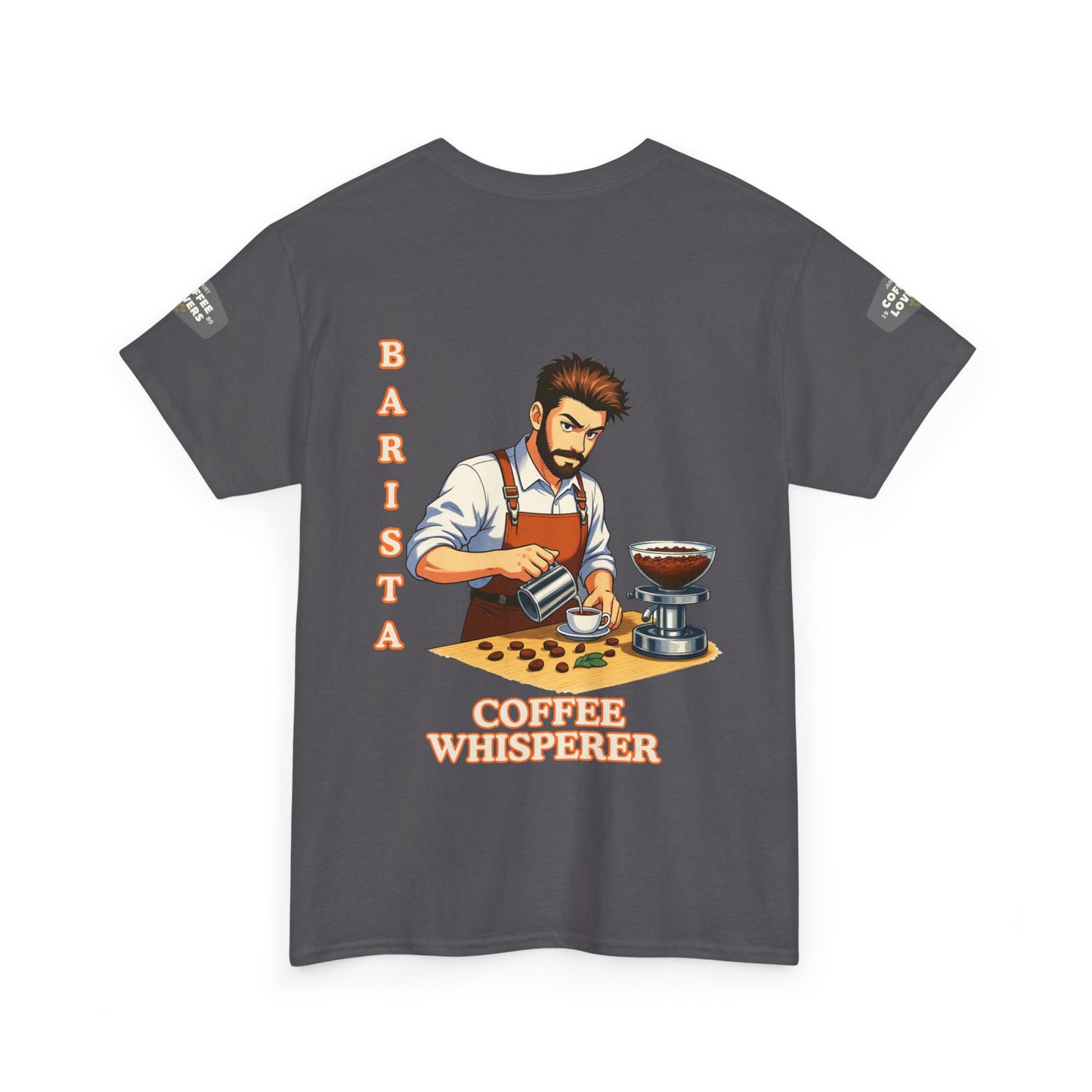 Coffee Lovers Cotton Tee for Male Barista,  Gray t-shirt with a graphic of a barista and text 'Barista Coffee Whisperer' on a white background