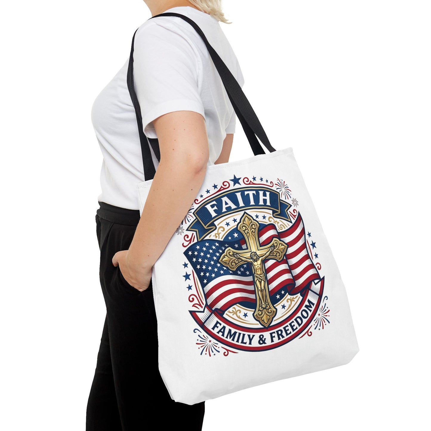 Faith, Family & Freedom Tote Bag — Patriotic Cross American Flag Tote (USA 250th)