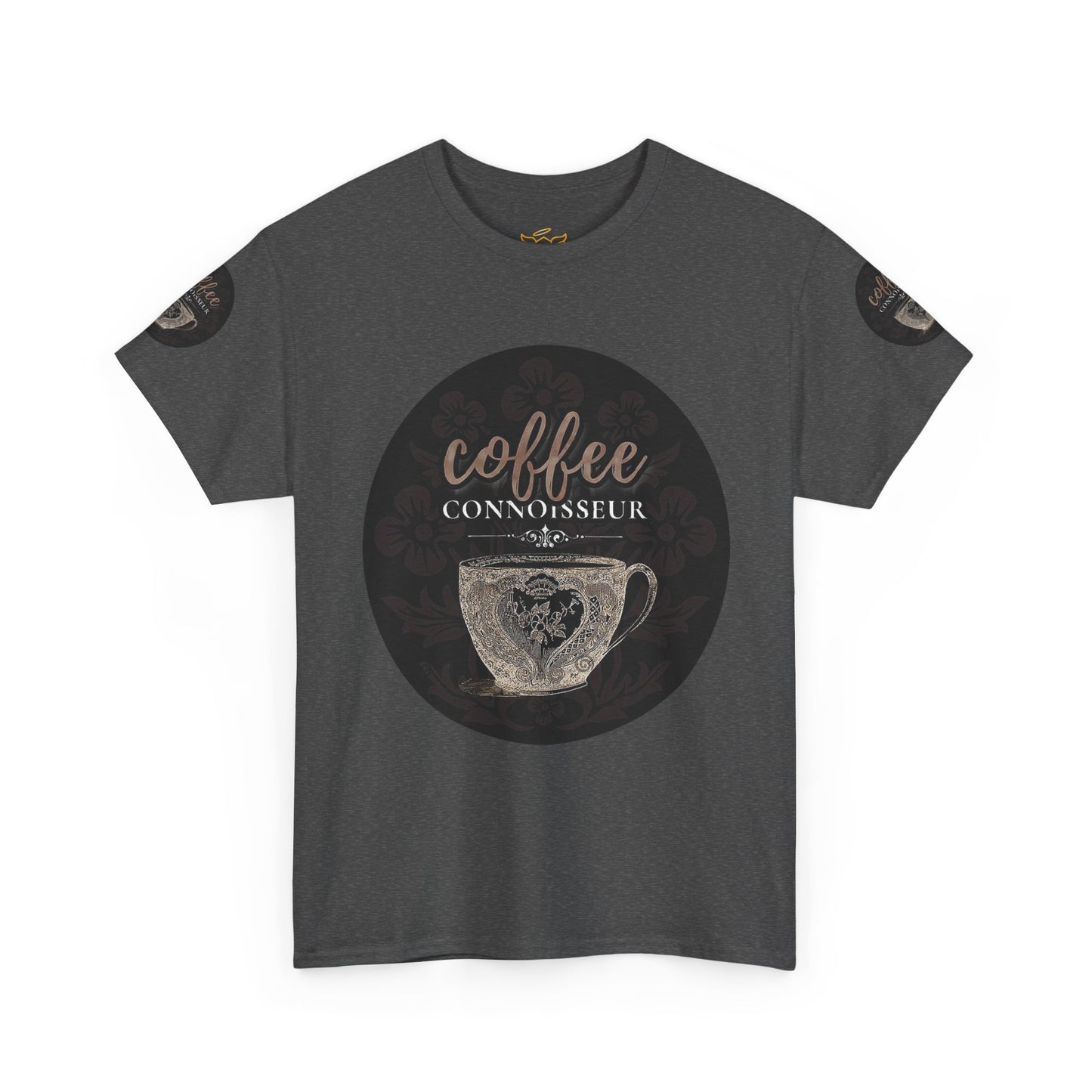 COFFEE LOVERS COTTON TEES For Connoisseurs, Gray t-shirt with 'coffee connoisseur' graphic on a white background