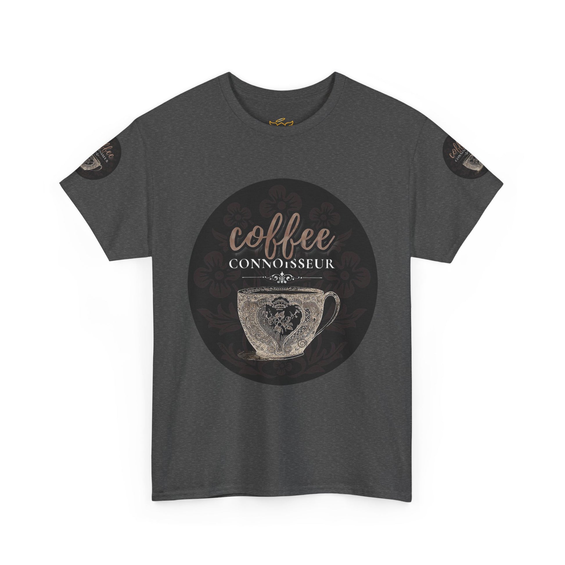 COFFEE LOVERS COTTON TEES For Connoisseurs, Gray t-shirt with 'coffee connoisseur' graphic on a white background