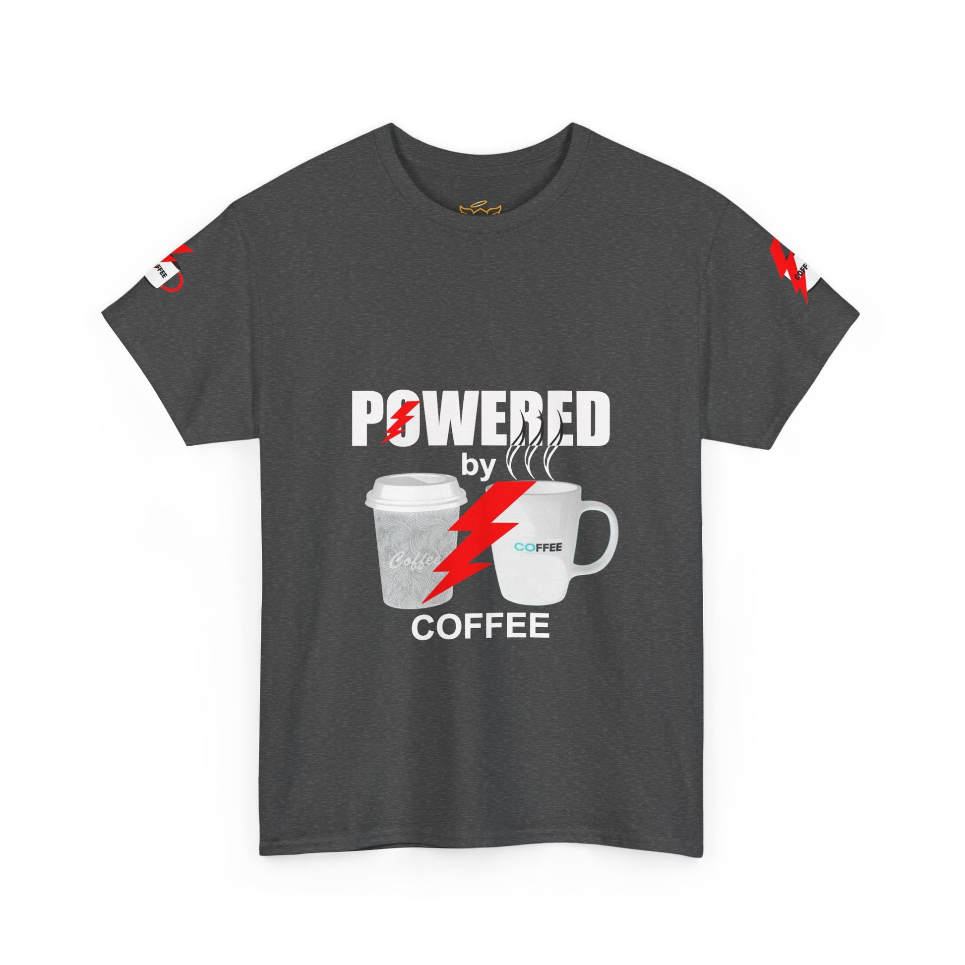 Coffee Lovers Cotton T-shirt - Powered by Coffee. Gray t-shirt with 'Powered by Coffee' graphic design on a white background