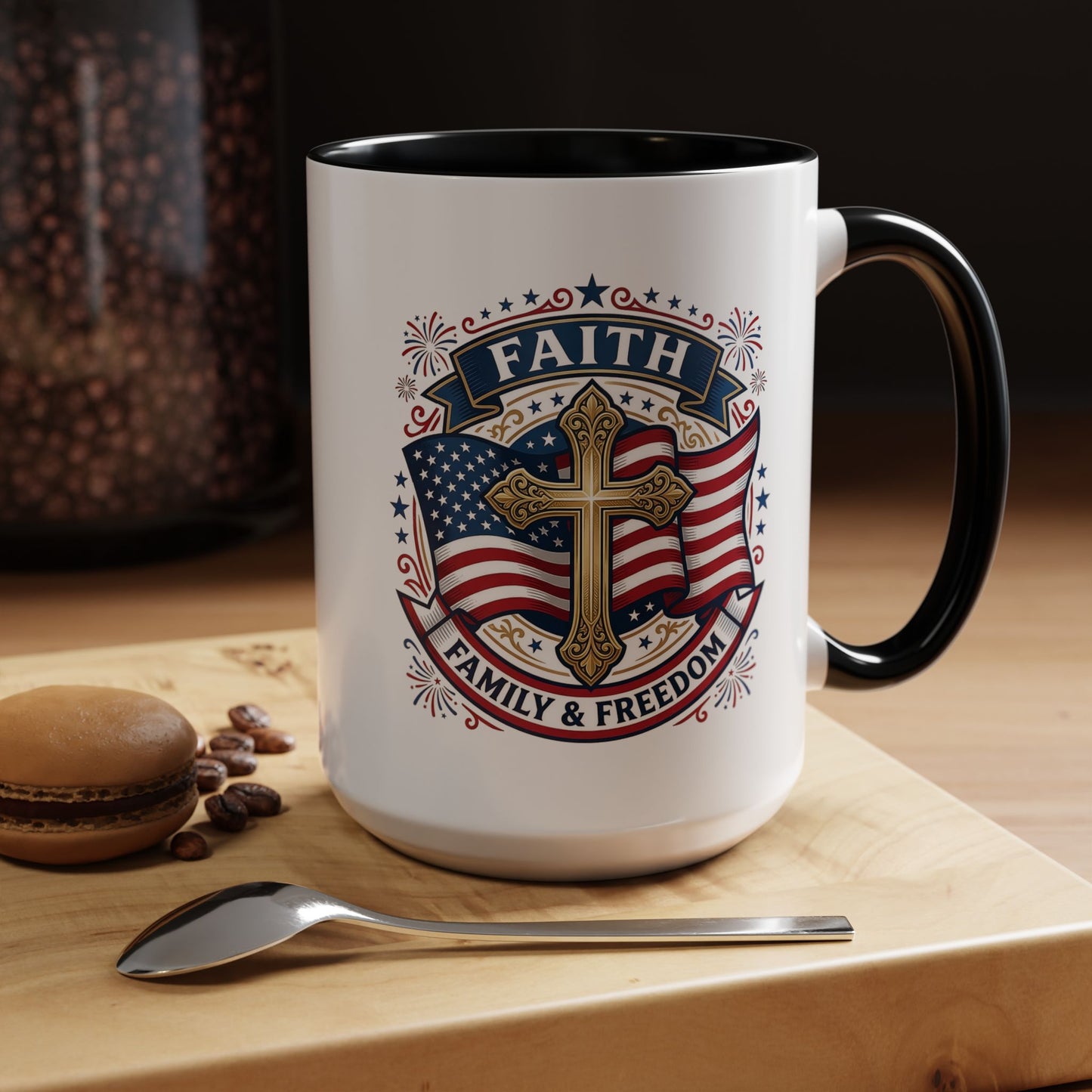 Faith, Family & Freedom Accent Coffee Mug — Patriotic Cross Mug  (USA 250th)