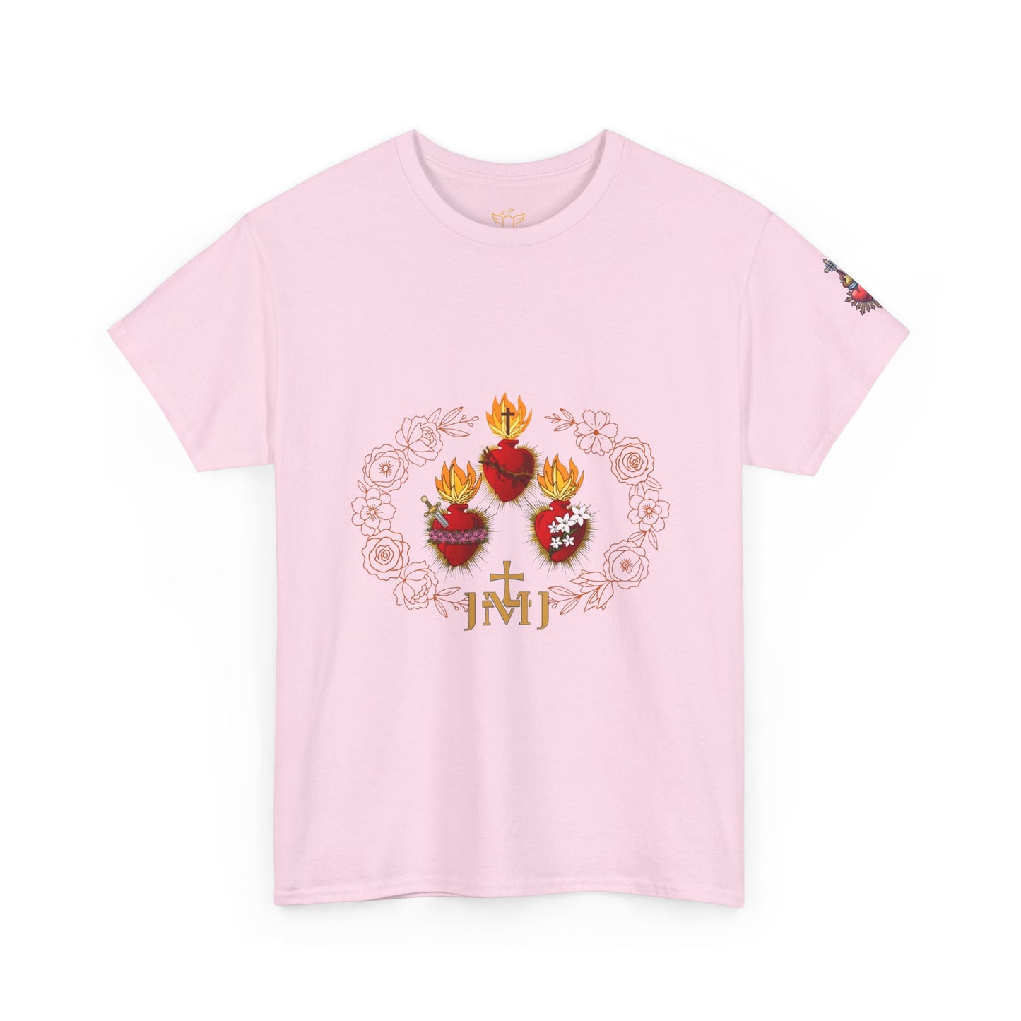 Sacred Hearts Tee — Three Flaming Hearts with JMJ Cross (CT)