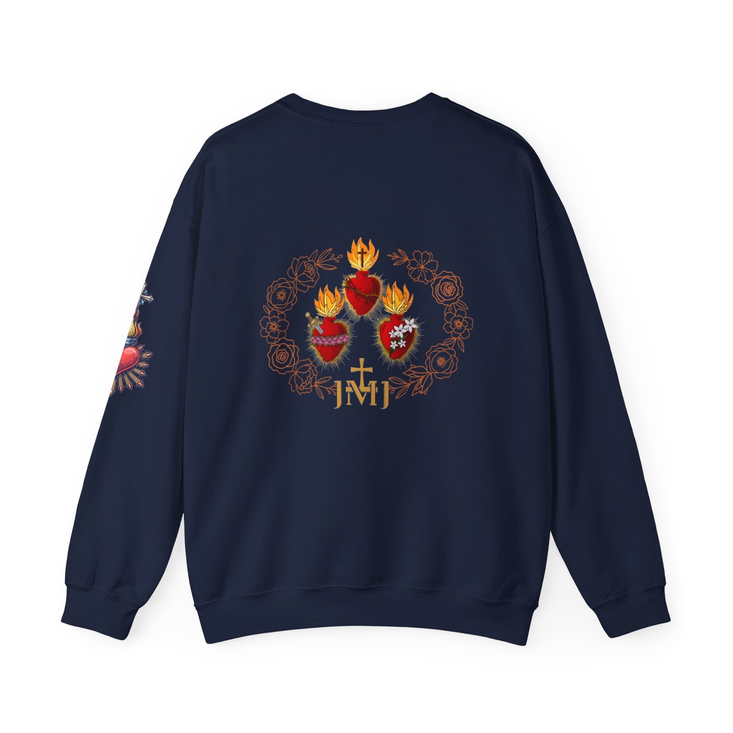 Sacred Hearts Crewneck Sweatshirt — Three Flaming Hearts with JMJ Cross (CT)