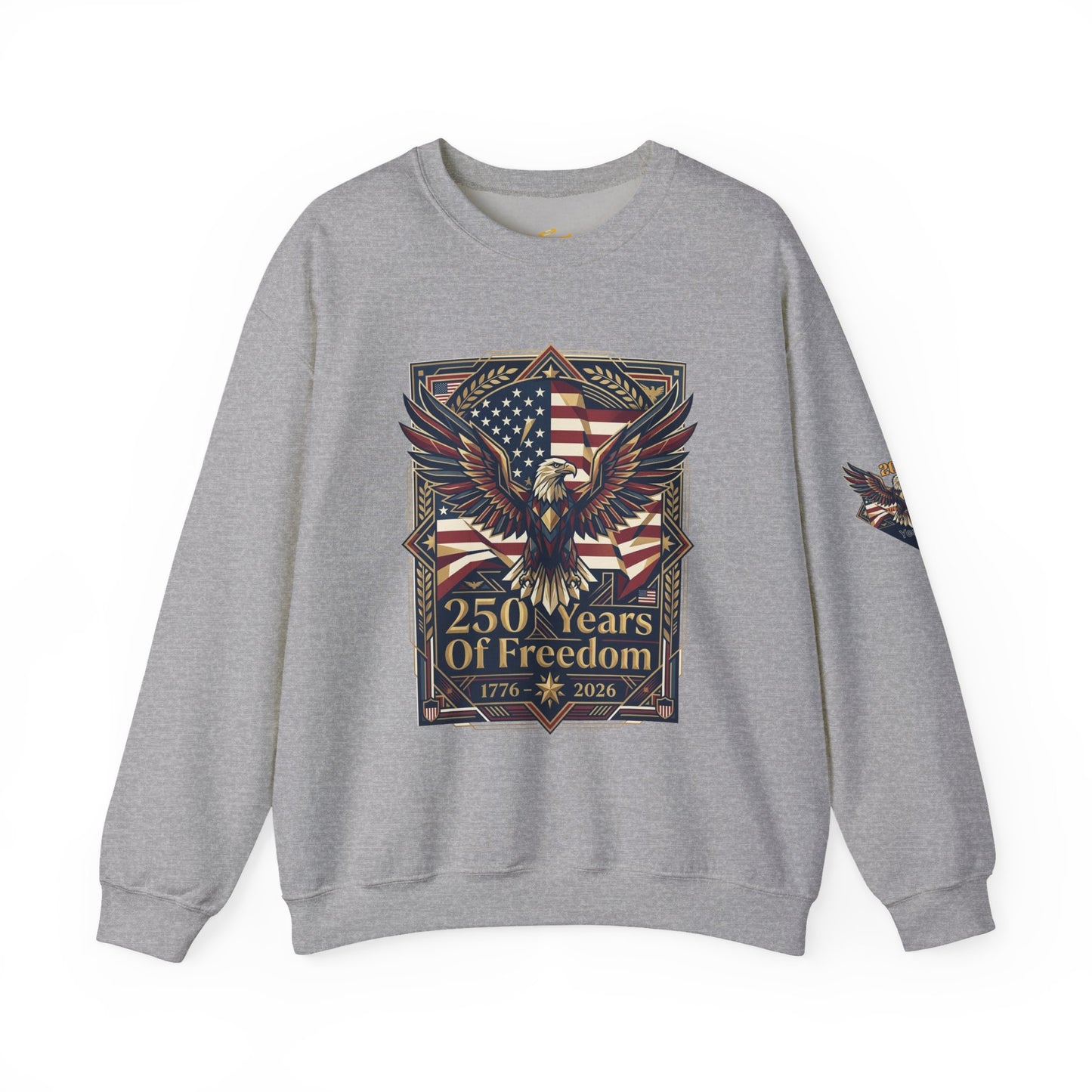 USA 250th ANNIVERSARY Crewneck Sweatshirt , Gray sweatshirt with eagle and American flag design on a white background