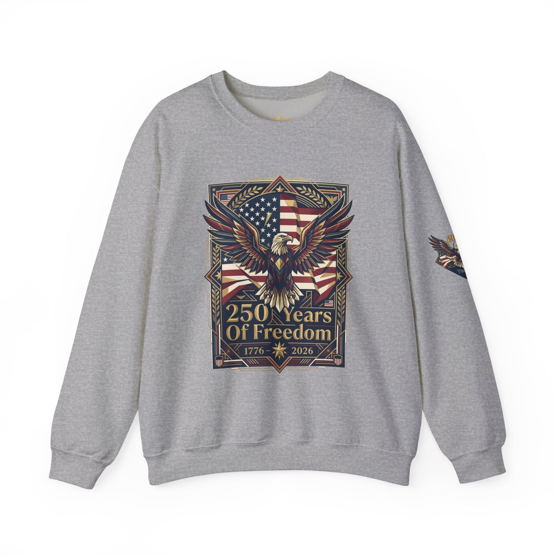 USA 250th ANNIVERSARY Crewneck Sweatshirt , Gray sweatshirt with eagle and American flag design on a white background