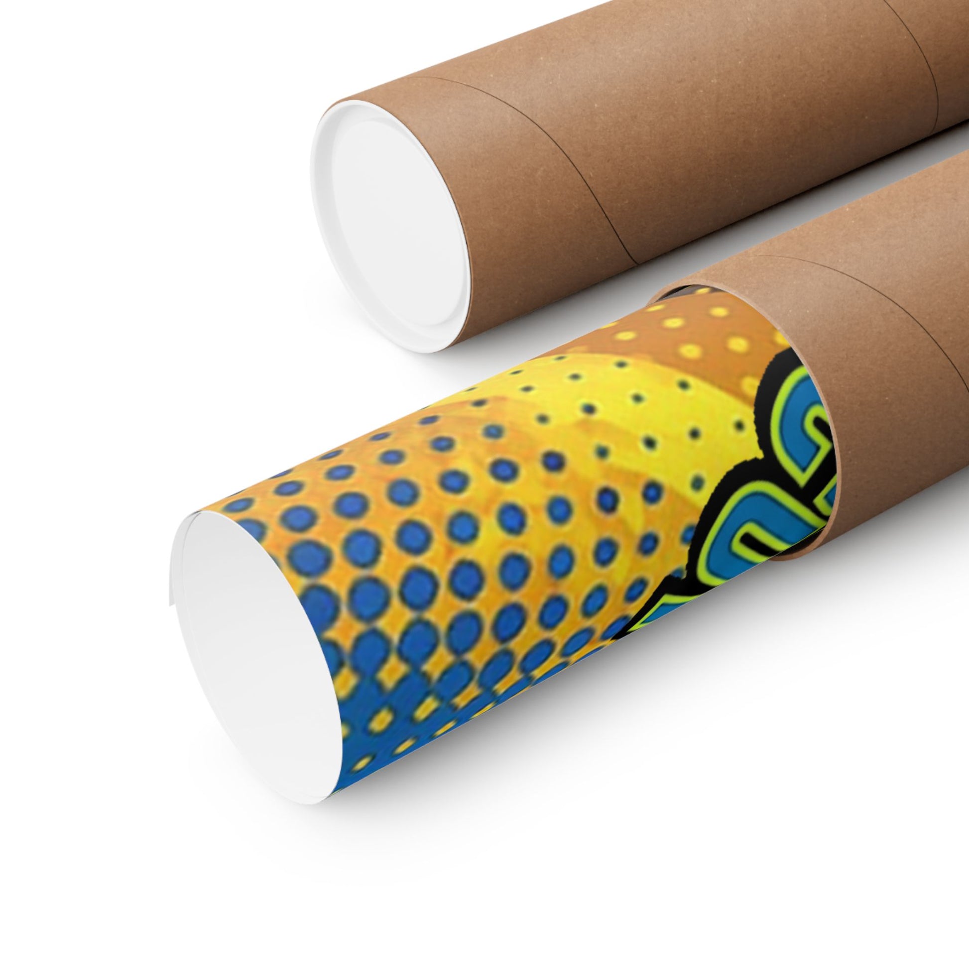 Two cardboard tubes, one plain brown and one with a colorful pattern, on a white background.