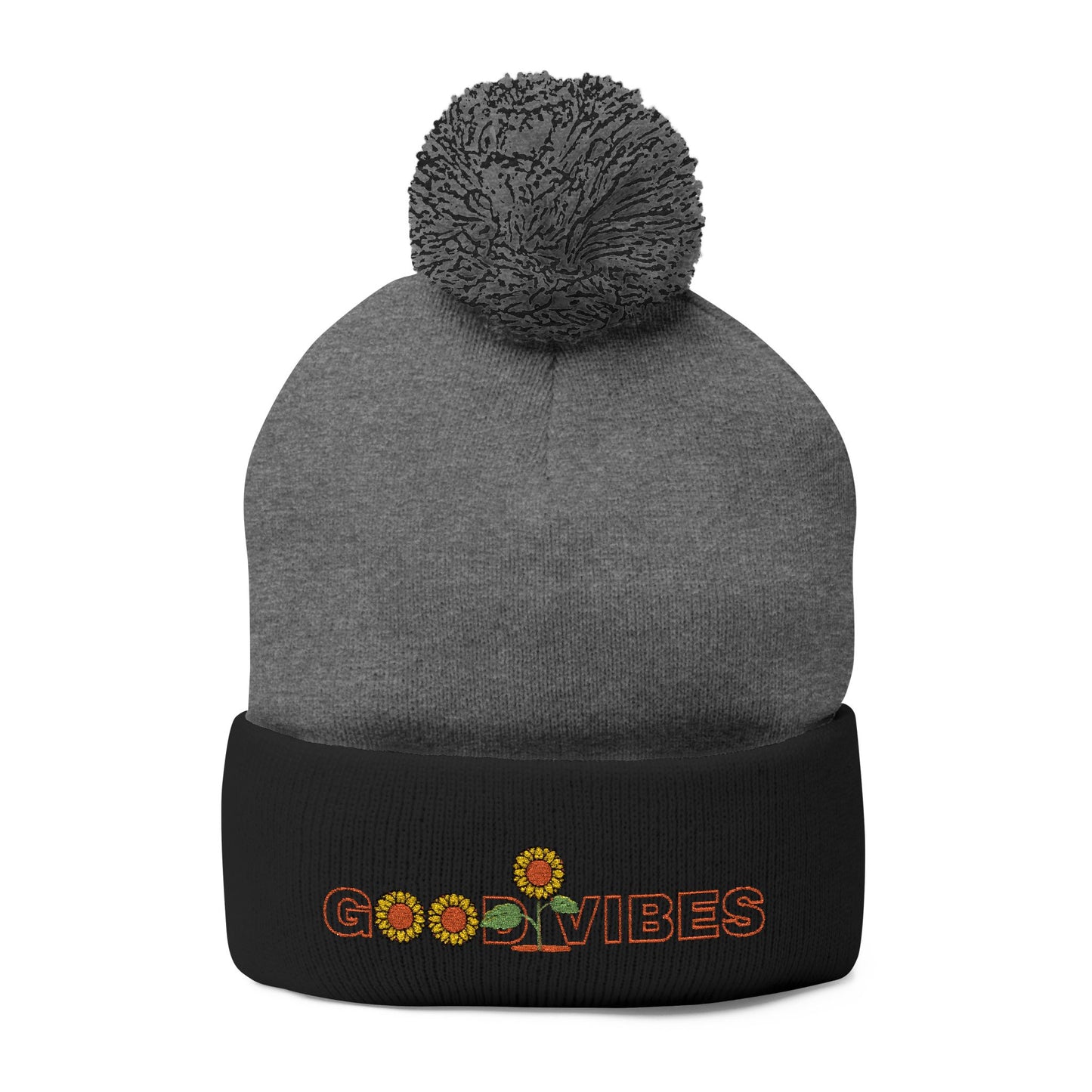 Summer Pom-Pom Beanie — "Good Vibes" Embroidered Sunflower Knit Hat - Trending Novelties & Gifts
