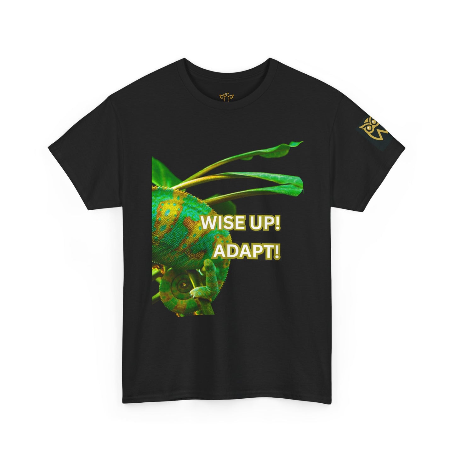 Wise Up Adapt! Motivational T-shirt — 'Wise Up! Stay Sharp!' Graphic Novelty Tee,  Black t-shirt with a chameleon graphic and 'WISE UP! ADAPT!' text on a white background