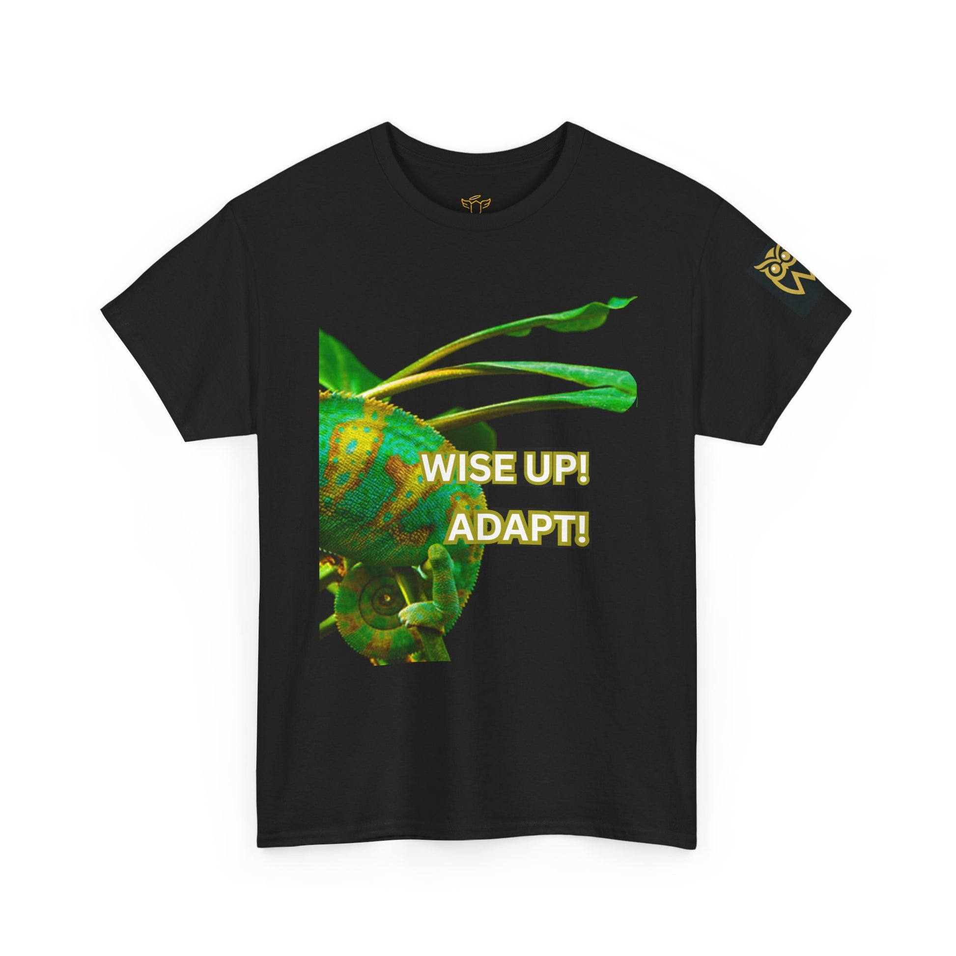 Wise Up Adapt! Motivational T-shirt — 'Wise Up! Stay Sharp!' Graphic Novelty Tee,  Black t-shirt with a chameleon graphic and 'WISE UP! ADAPT!' text on a white background