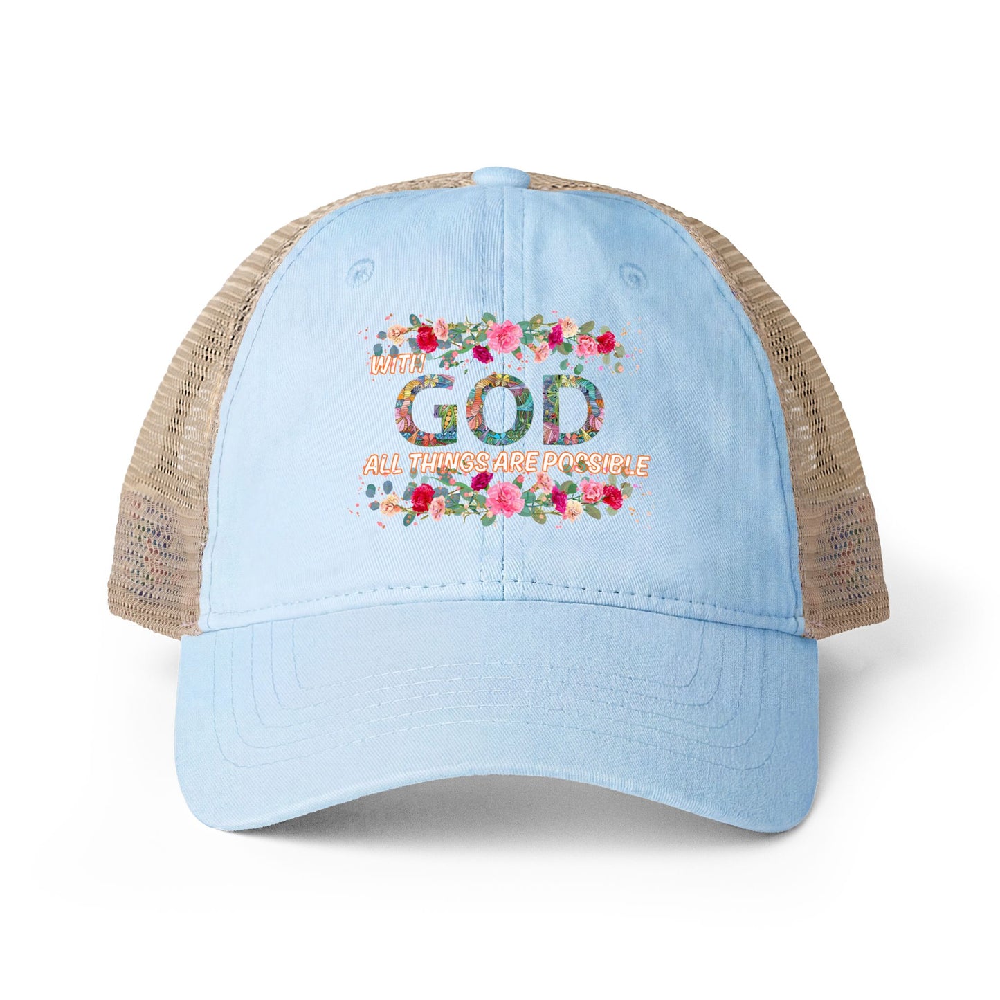 Light blue cap with floral design and text on  on the front of cap